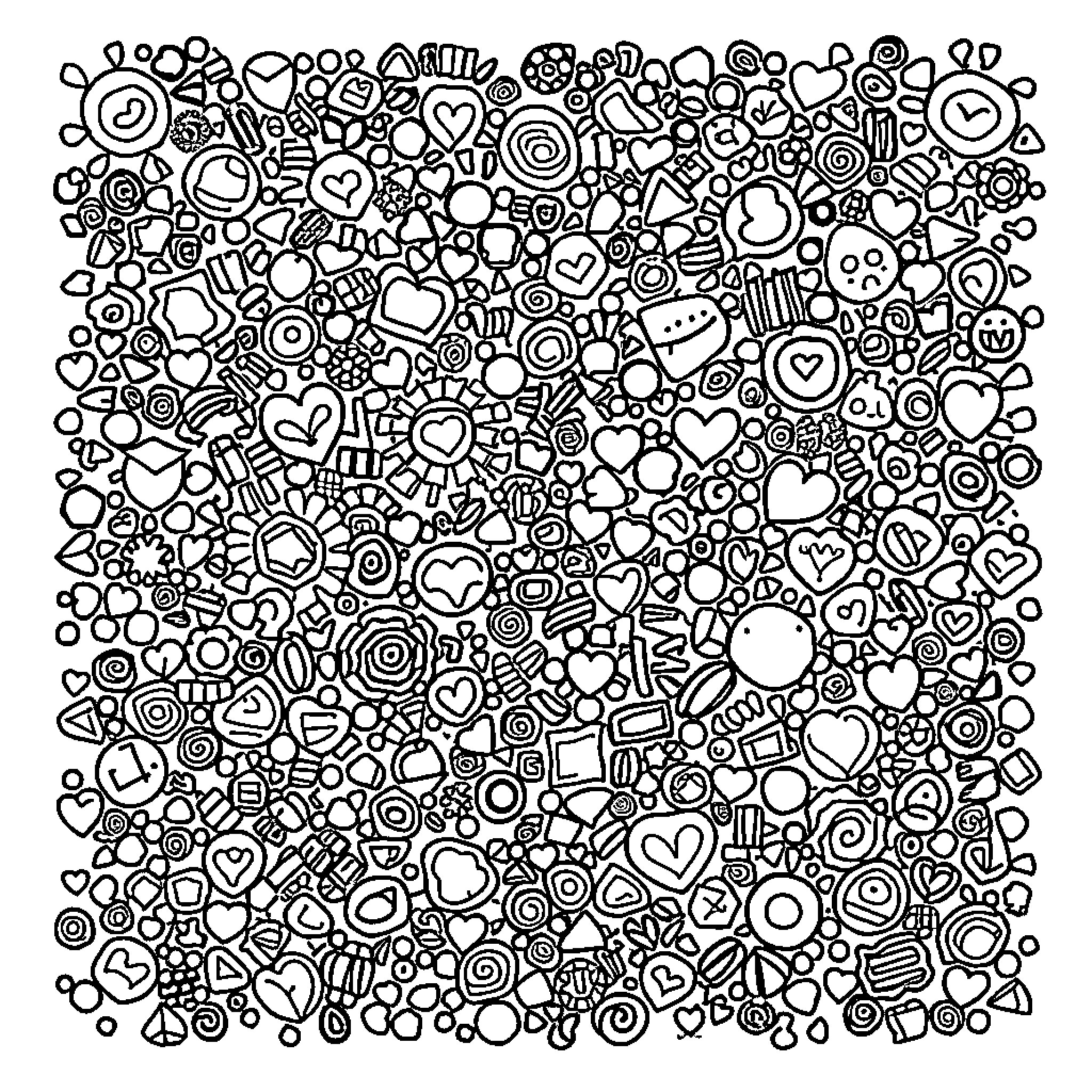 Doodle of Playful Heart-Shaped Symbols Coloring Page (free black-and-white line drawing printable PDF for all, from beginners to advanced learners, including children, teens, adults, and seniors)