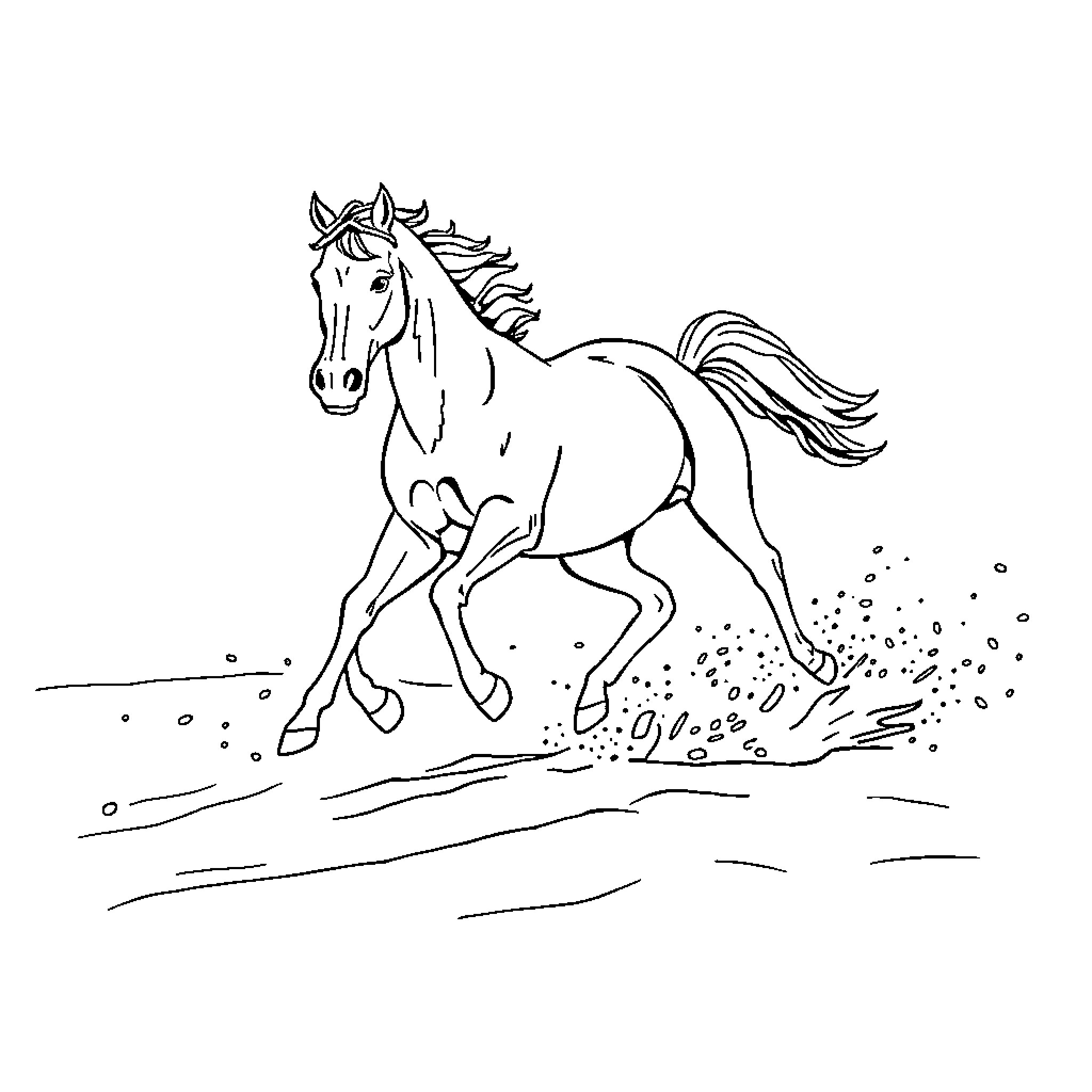 Horse galloping through the field Coloring Page (free black-and-white line drawing printable PDF for all, from beginners to advanced learners, including children, teens, adults, and seniors)