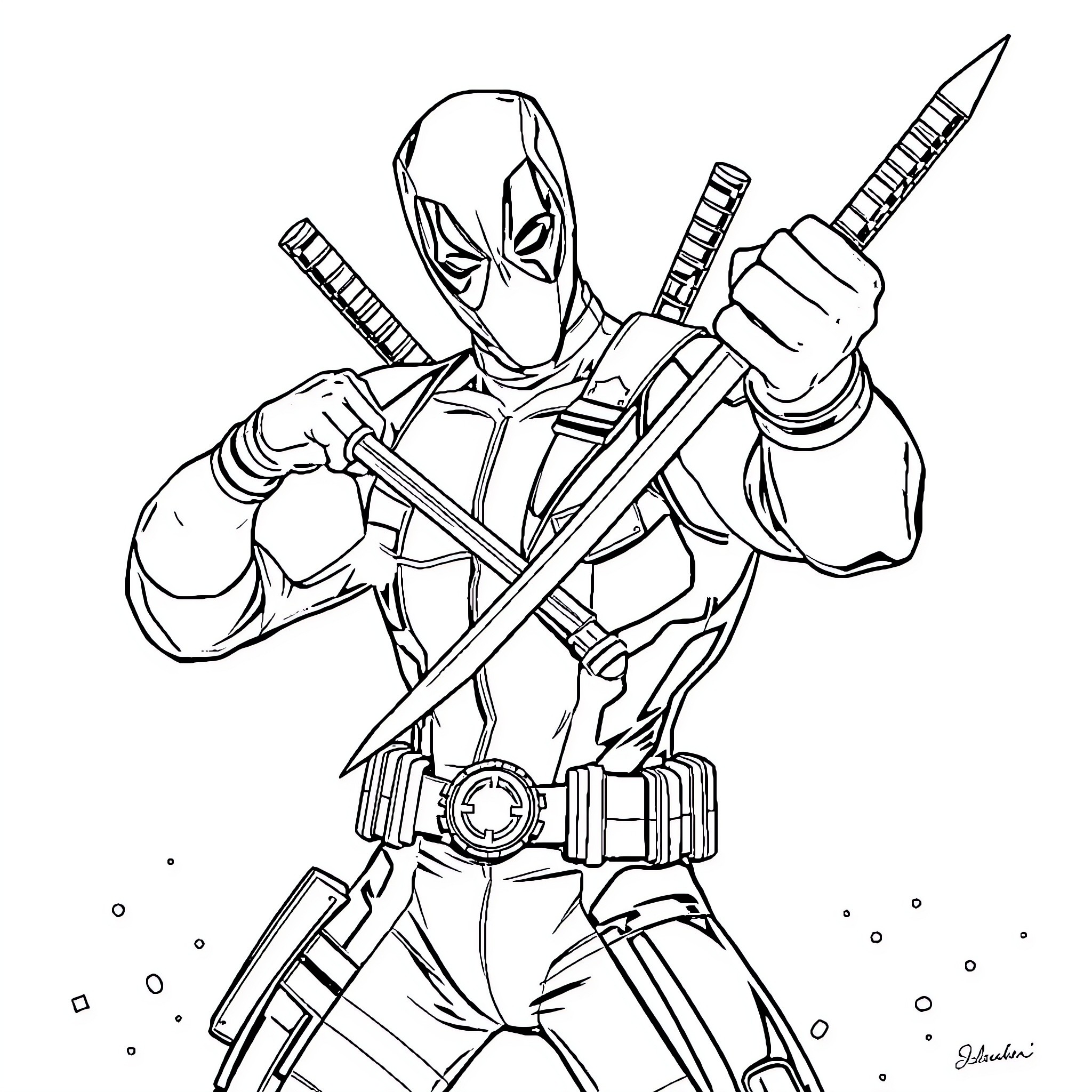 Deadpool wielding swords in action pose Coloring Page (free black-and-white line drawing printable PDF for all, from beginners to advanced learners, including children, teens, adults, and seniors)