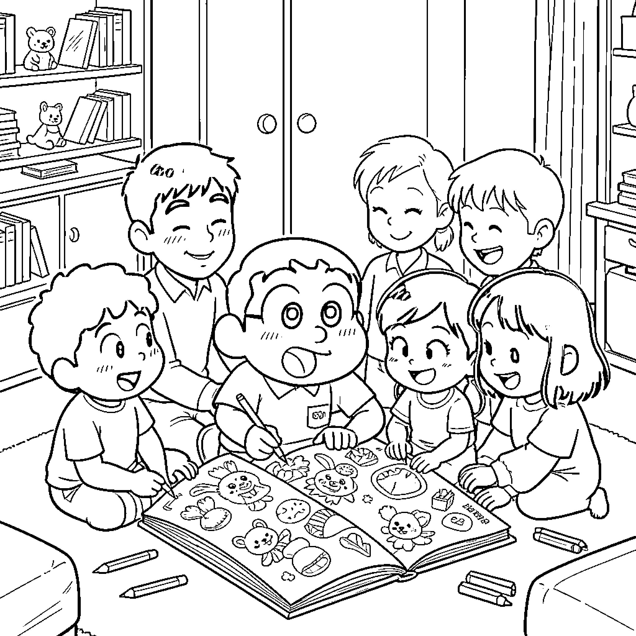 Shinchan and friends enjoying a cozy reading session Coloring Page (free black-and-white line drawing printable PDF for all, from beginners to advanced learners, including children, teens, adults, and seniors)