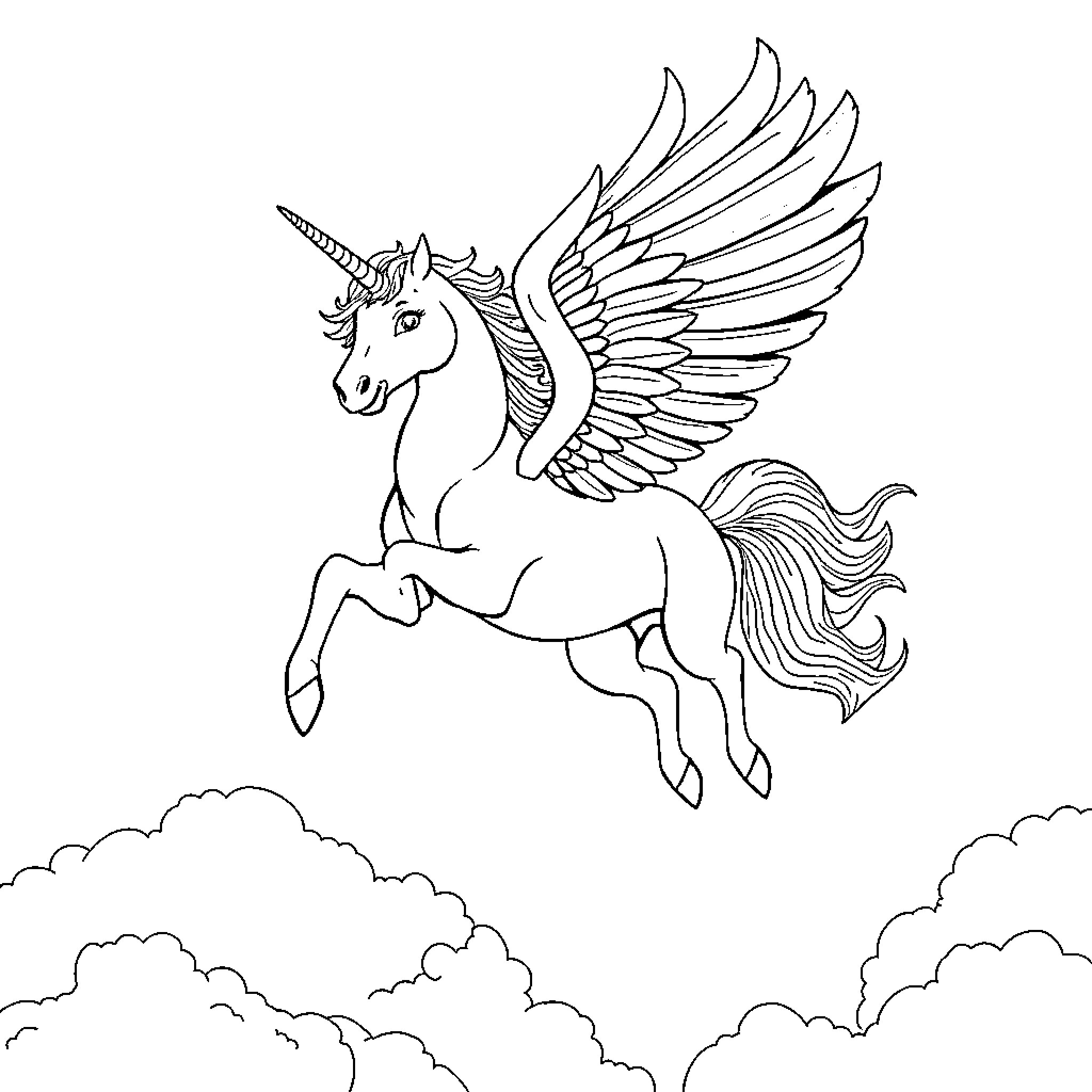 Unicorn soaring through the clouds with majestic wings Coloring Page (free black-and-white line drawing printable PDF for all, from beginners to advanced learners, including children, teens, adults, and seniors)
