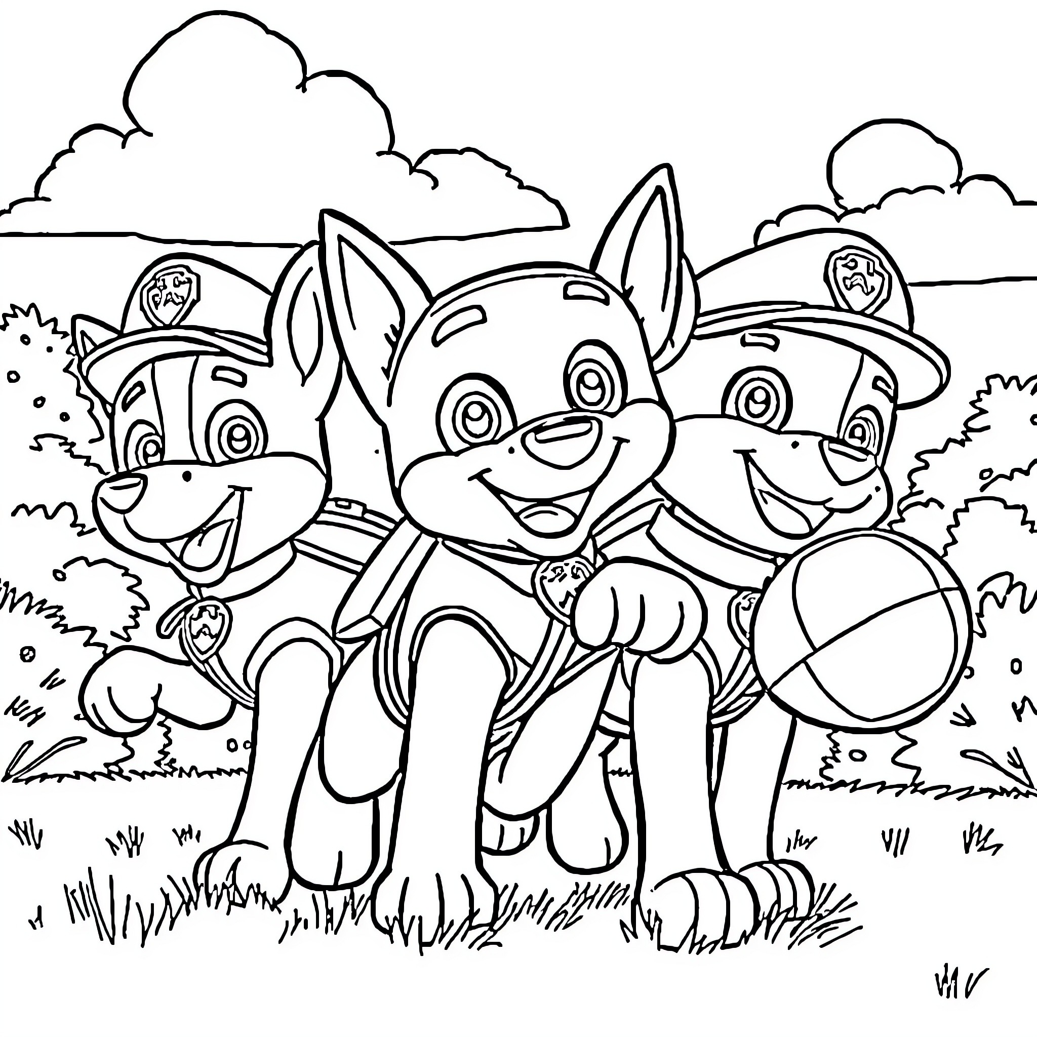 Pokémon pups playing in the park Coloring Page (free black-and-white line drawing printable PDF for all, from beginners to advanced learners, including children, teens, adults, and seniors)