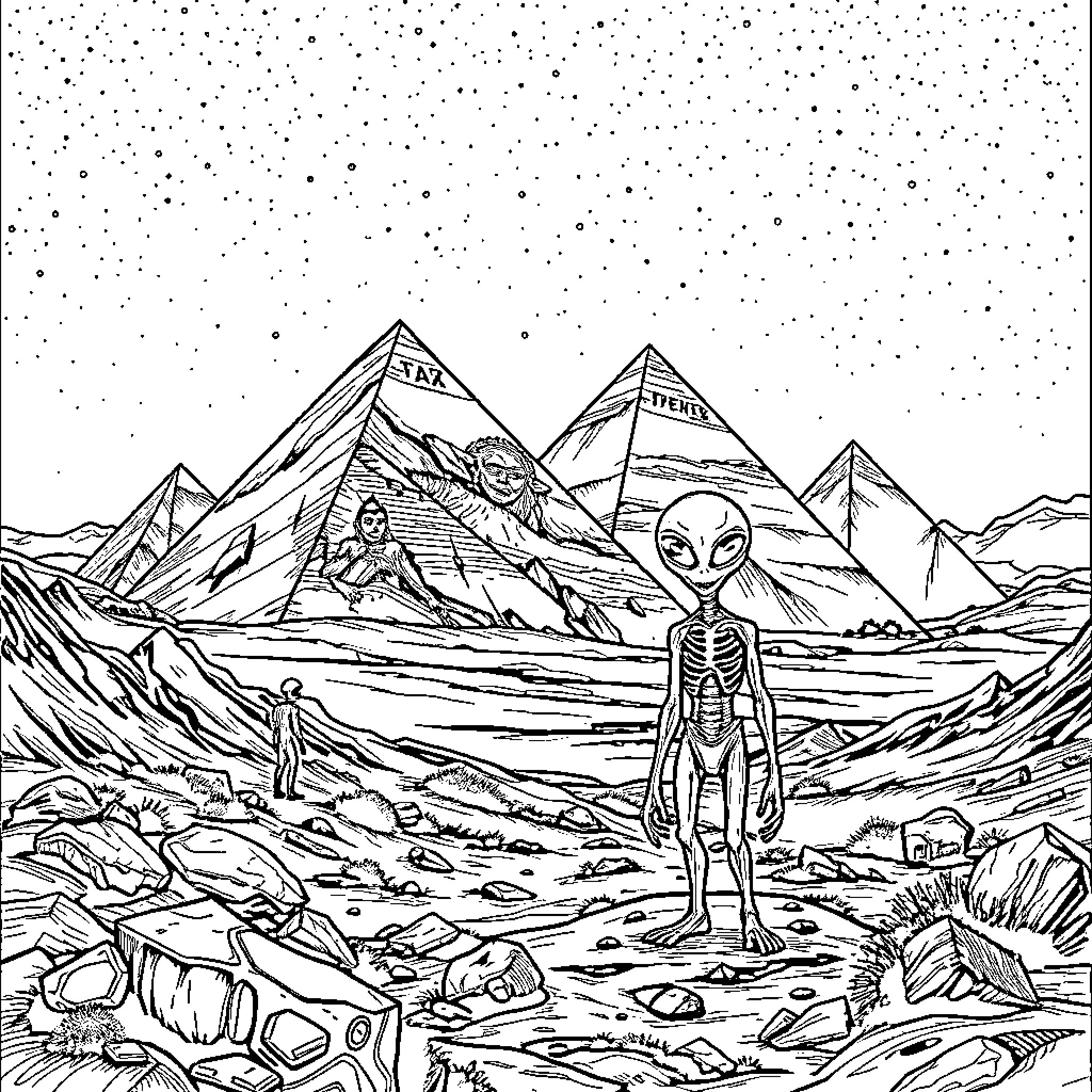 Alien exploring mystical pyramids in a desolate landscape Coloring Page (free black-and-white line drawing printable PDF for all, from beginners to advanced learners, including children, teens, adults, and seniors)