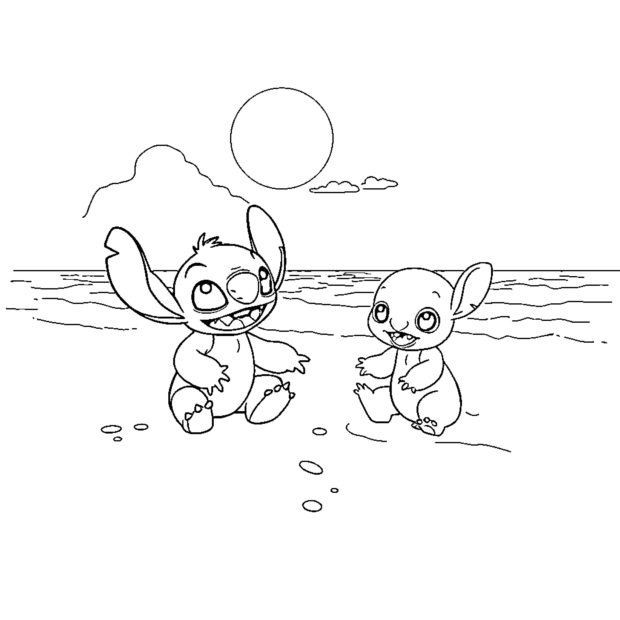 Stitch and friend playing on the beach Coloring Page (free black-and-white line drawing printable PDF for all, from beginners to advanced learners, including children, teens, adults, and seniors)