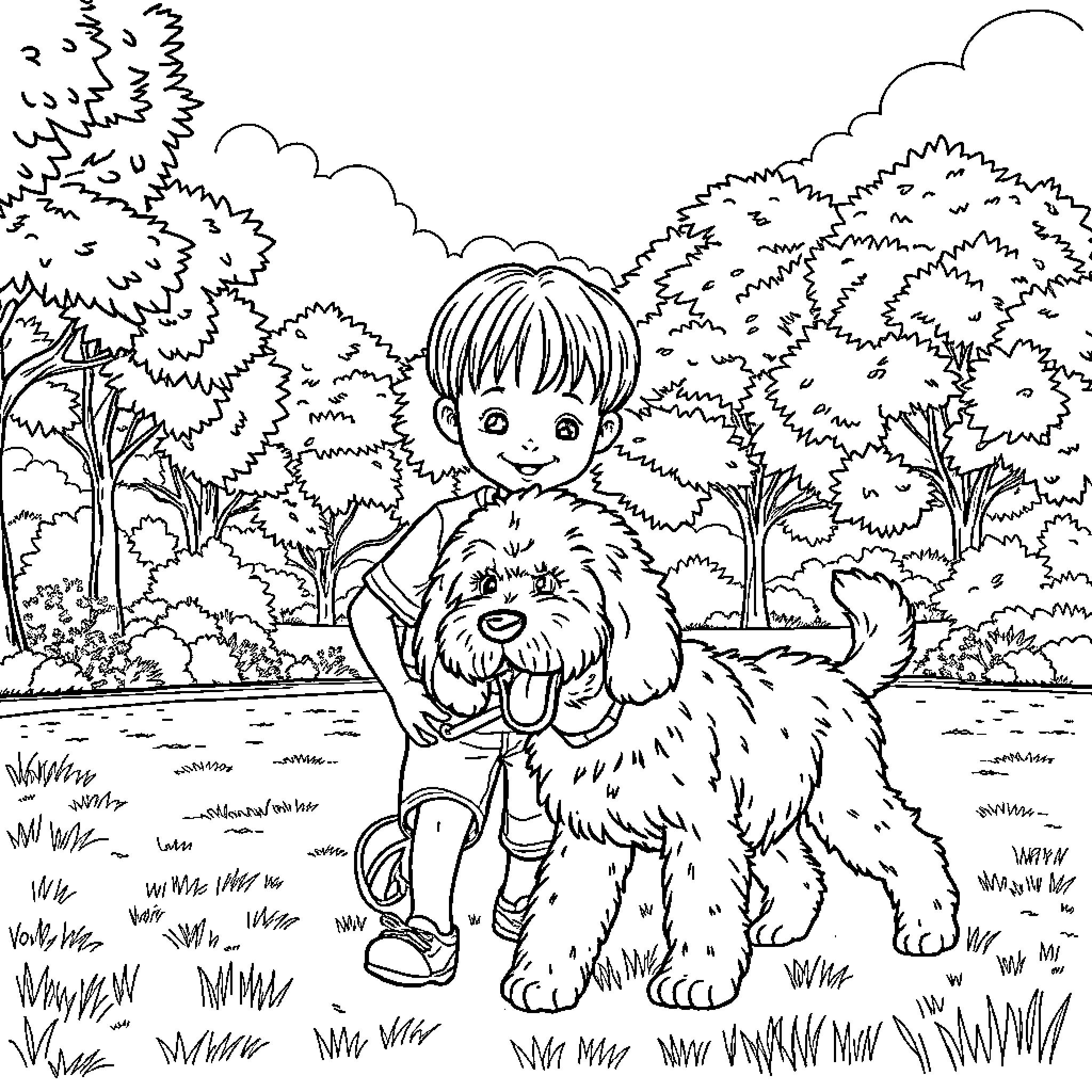 Boy happily walking with his furry friend in the woods Coloring Page (free black-and-white line drawing printable PDF for all, from beginners to advanced learners, including children, teens, adults, and seniors)