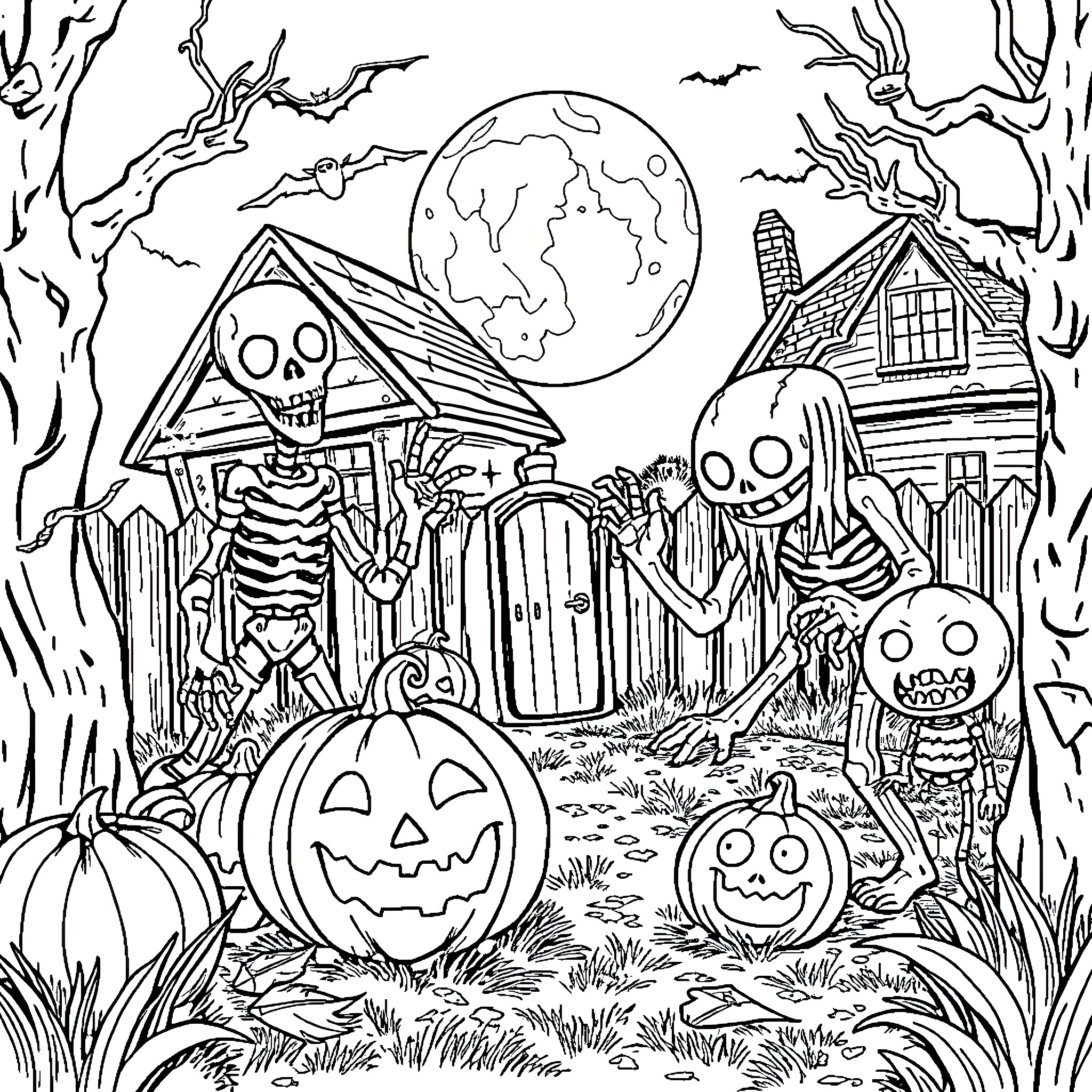 Animatronic Spooky Halloween Scene with Haunted House and Skeletons Coloring Page (free black-and-white line drawing printable PDF for all, from beginners to advanced learners, including children, teens, adults, and seniors)
