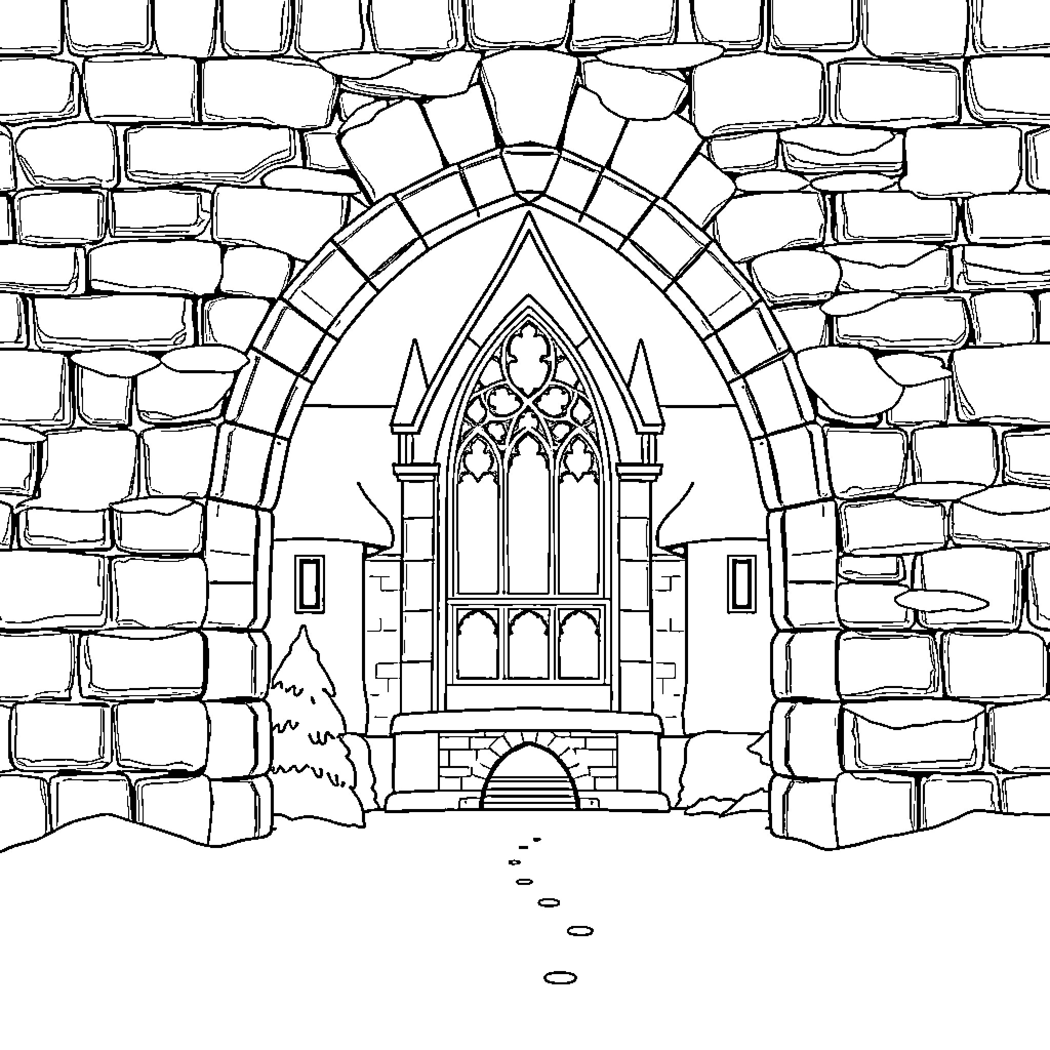 Castle gate with ornate arched entrance Coloring Page (free black-and-white line drawing printable PDF for all, from beginners to advanced learners, including children, teens, adults, and seniors)