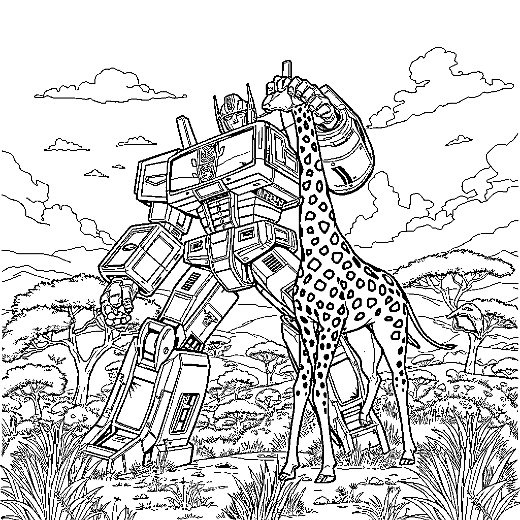 Transformer robot standing tall in a savanna landscape Coloring Page (free black-and-white line drawing printable PDF for all, from beginners to advanced learners, including children, teens, adults, and seniors)