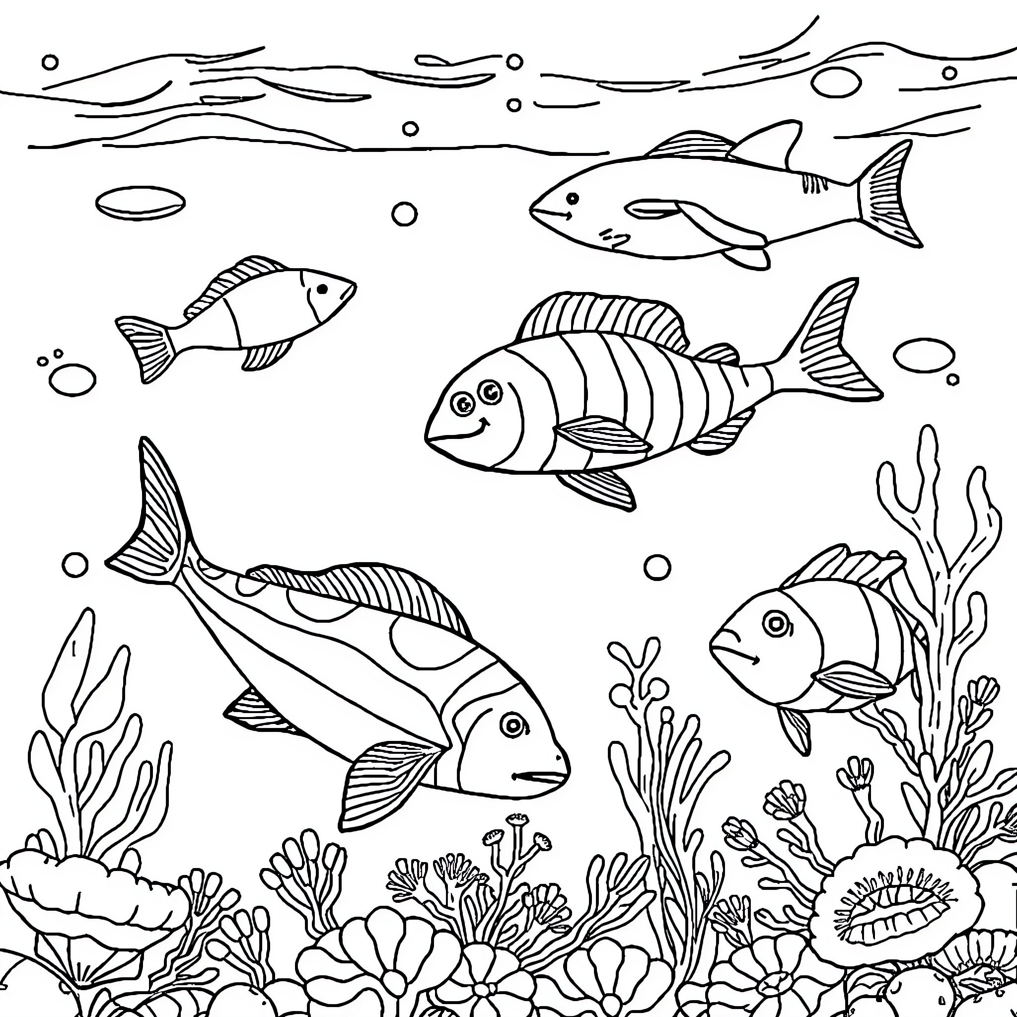 Sea Animals in an Underwater Habitat Coloring Page (free black-and-white line drawing printable PDF for all, from beginners to advanced learners, including children, teens, adults, and seniors)