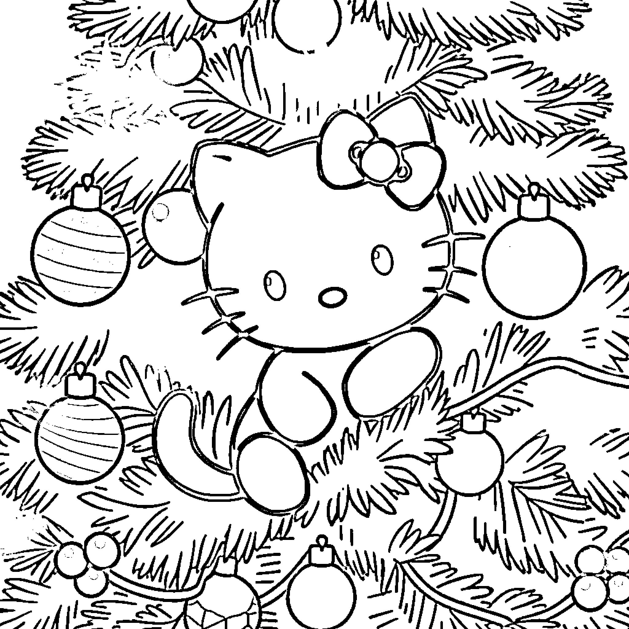 Cat Enjoying a Holiday Celebration Coloring Page (free black-and-white line drawing printable PDF for all, from beginners to advanced learners, including children, teens, adults, and seniors)