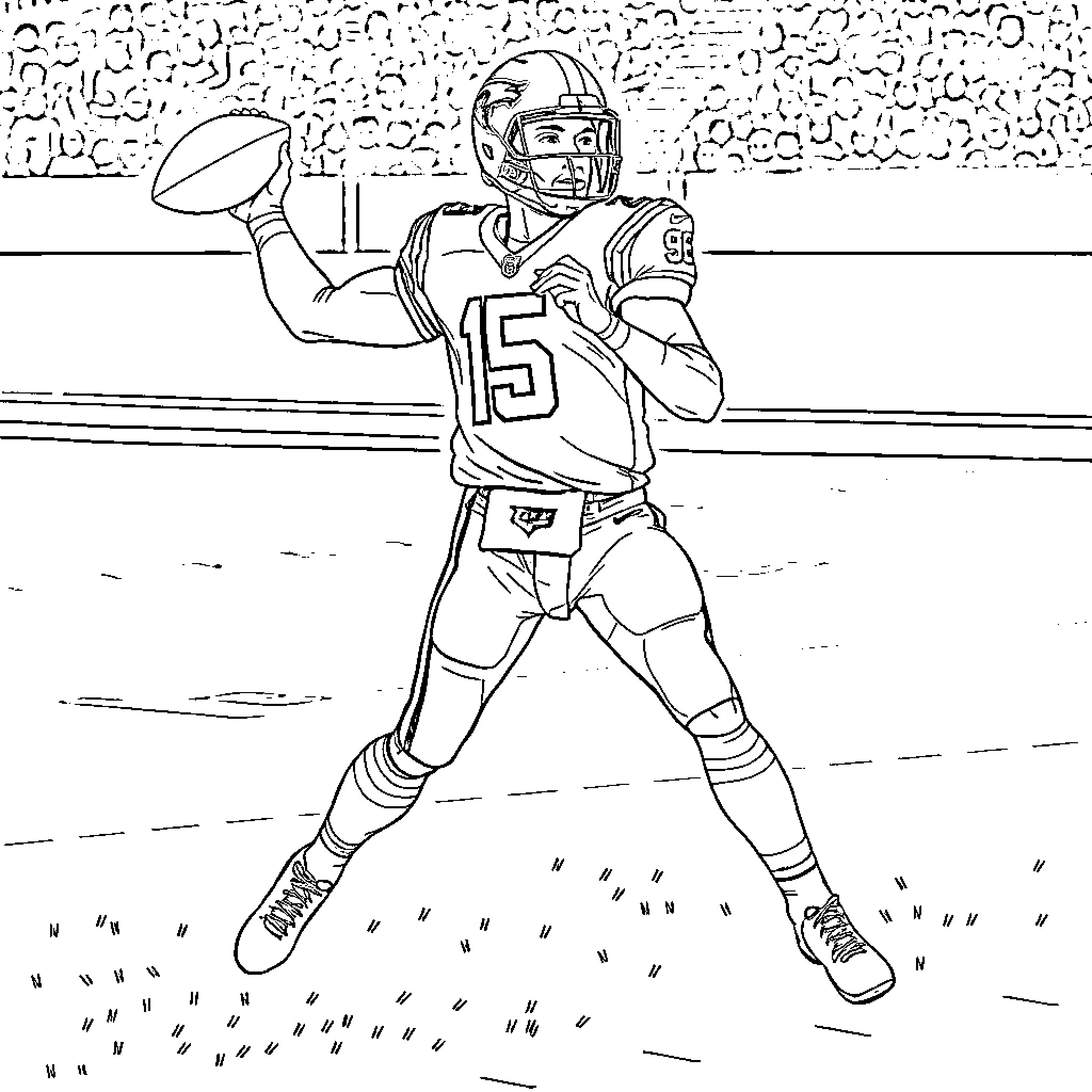 Josh Allen preparing to throw the football Coloring Page (free black-and-white line drawing printable PDF for all, from beginners to advanced learners, including children, teens, adults, and seniors)