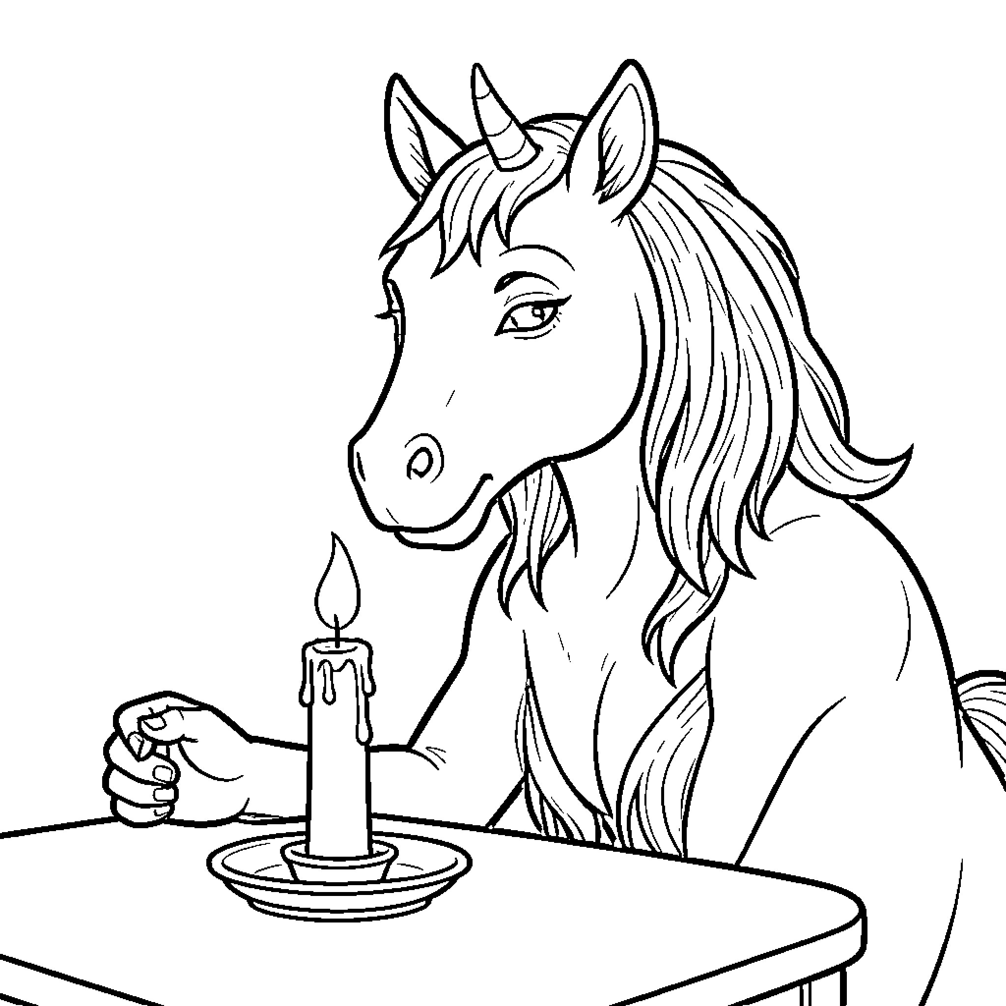 Carnotaurus unicorn looking calmly at a lit candle Coloring Page (free black-and-white line drawing printable PDF for all, from beginners to advanced learners, including children, teens, adults, and seniors)