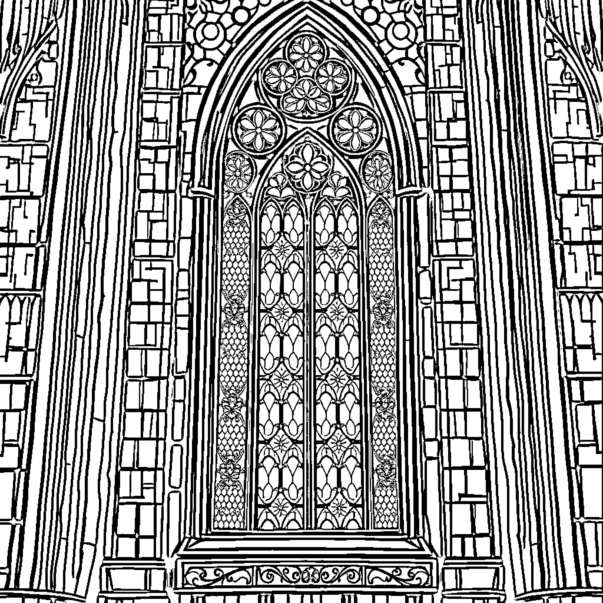 Gothic Window with Intricate Architectural Details Coloring Page (free black-and-white line drawing printable PDF for all, from beginners to advanced learners, including children, teens, adults, and seniors)
