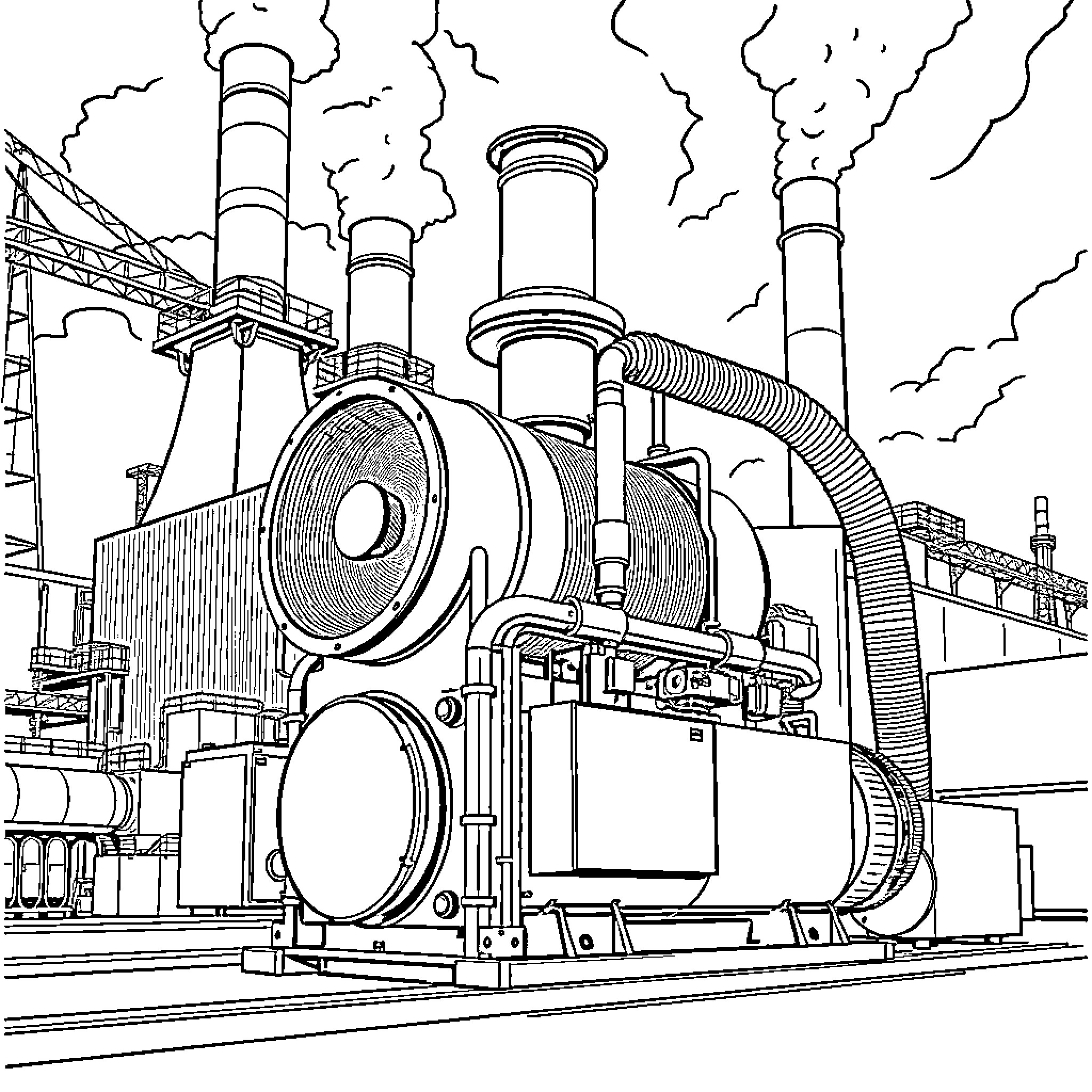 Vacuum Industrial Machinery in Operation Coloring Page (free black-and-white line drawing printable PDF for all, from beginners to advanced learners, including children, teens, adults, and seniors)