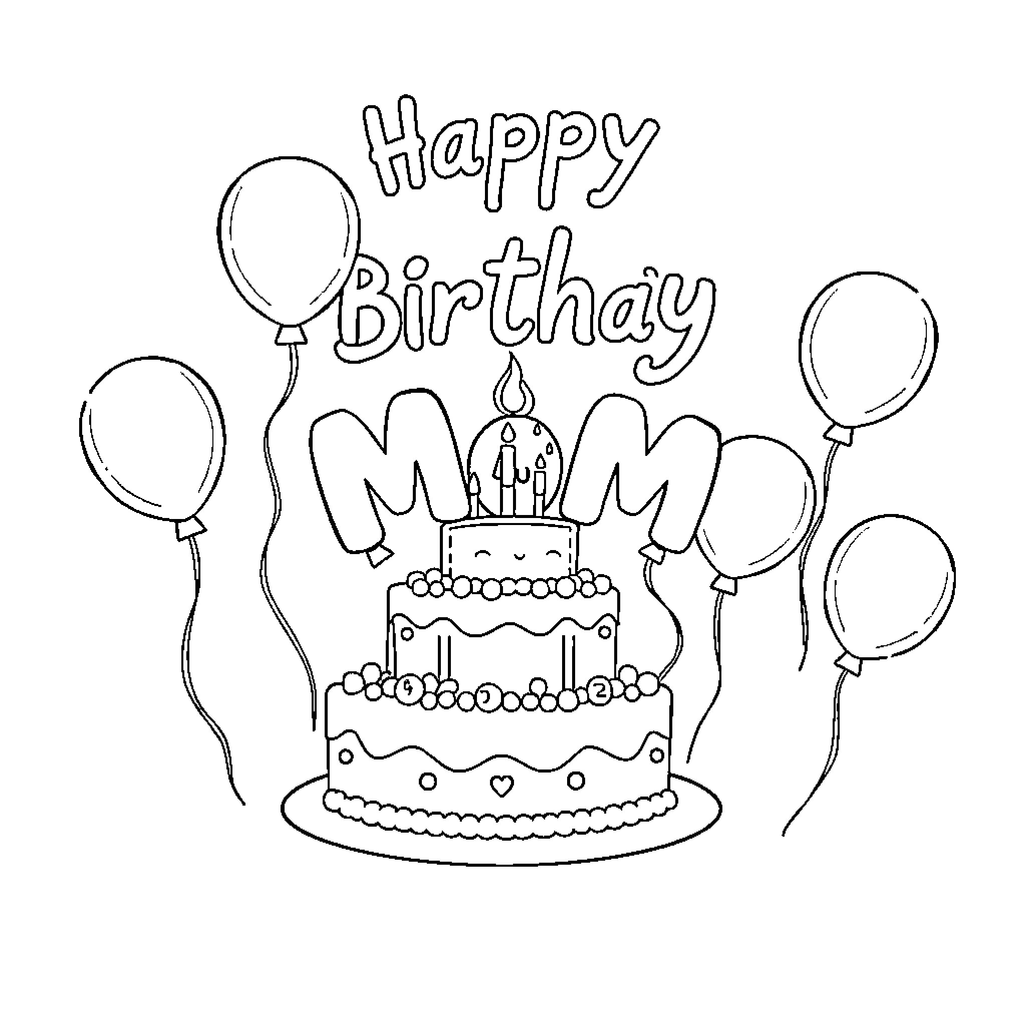 Birthday celebration with cake and balloons Coloring Page (free black-and-white line drawing printable PDF for all, from beginners to advanced learners, including children, teens, adults, and seniors)