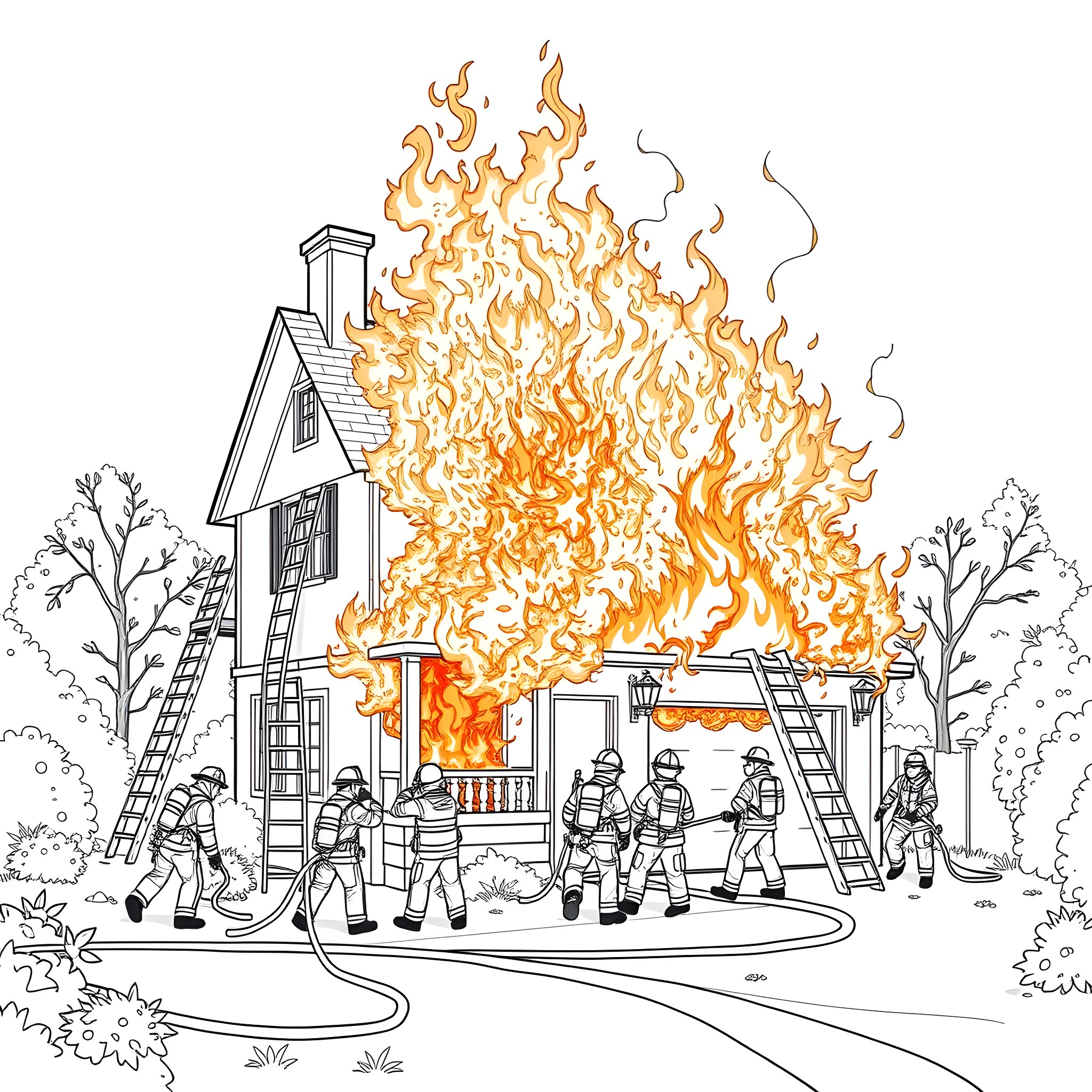Firefighters Battling Intense House Fire Coloring Page (free black-and-white line drawing printable PDF for all, from beginners to advanced learners, including children, teens, adults, and seniors)