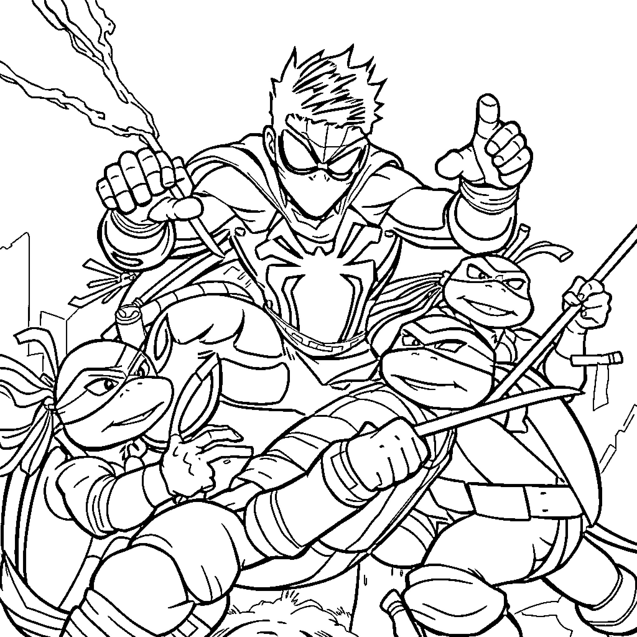 Miles Morales in action with the Teenage Mutant Ninja Turtles Coloring Page (free black-and-white line drawing printable PDF for all, from beginners to advanced learners, including children, teens, adults, and seniors)