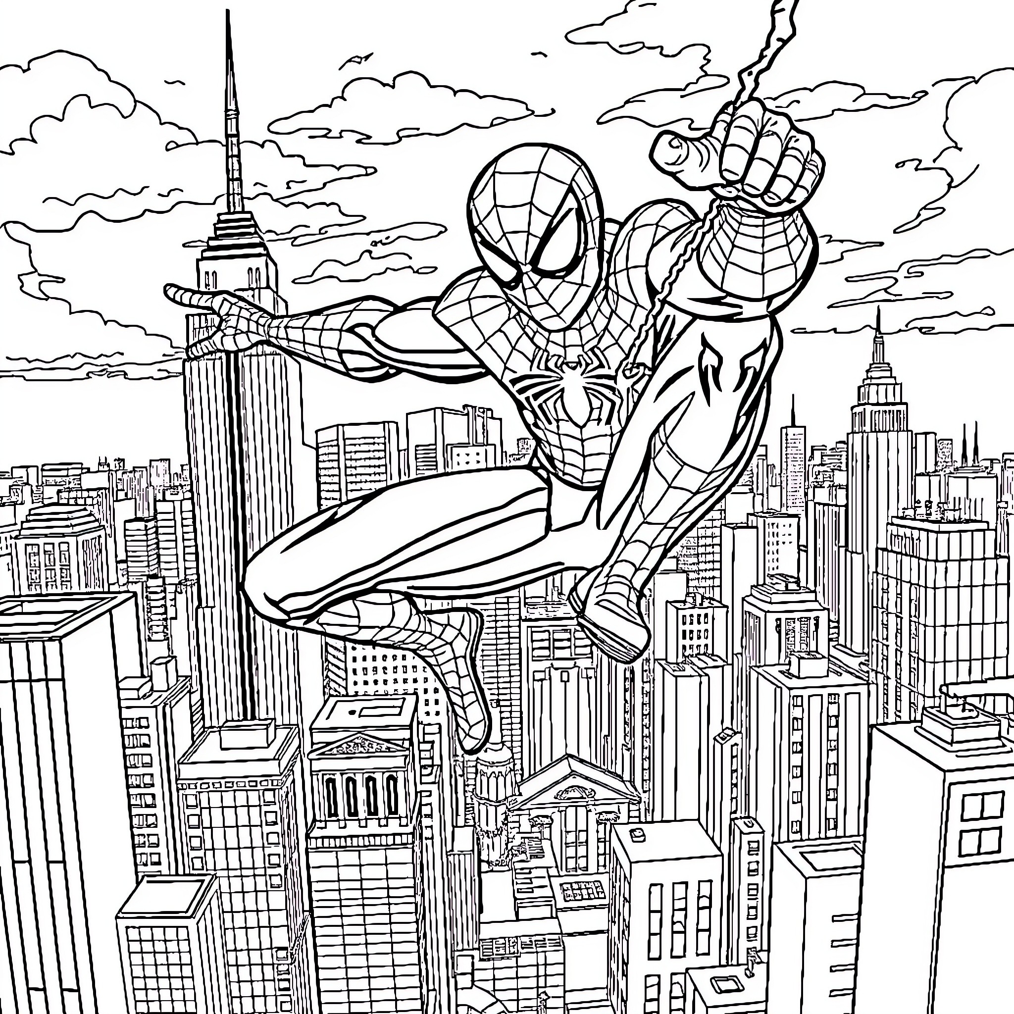 Spiderman swinging through the city skyline Coloring Page (free black-and-white line drawing printable PDF for all, from beginners to advanced learners, including children, teens, adults, and seniors)