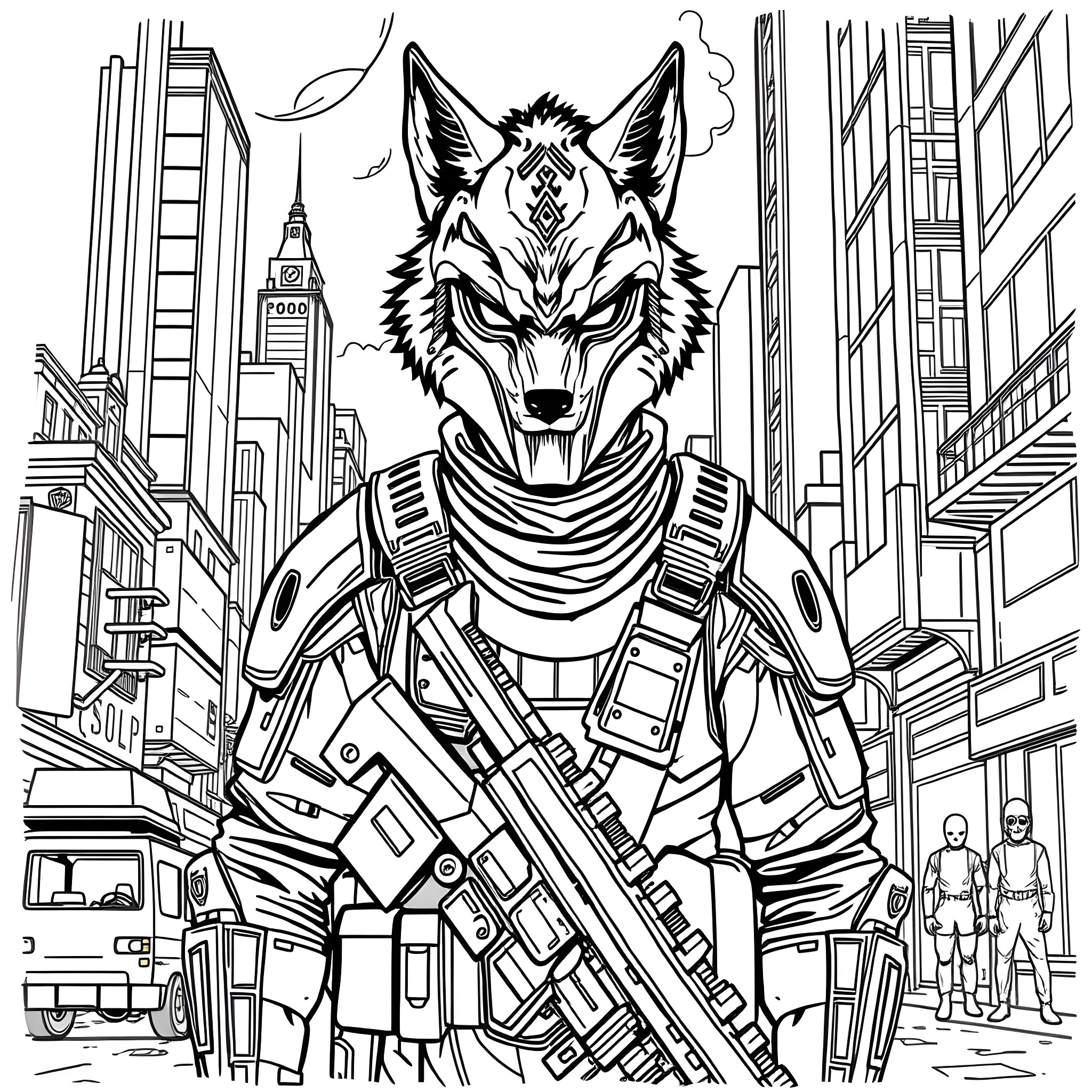Jin Roh: Wolf Soldier in Futuristic City Coloring Page (free black-and-white line drawing printable PDF for all, from beginners to advanced learners, including children, teens, adults, and seniors)