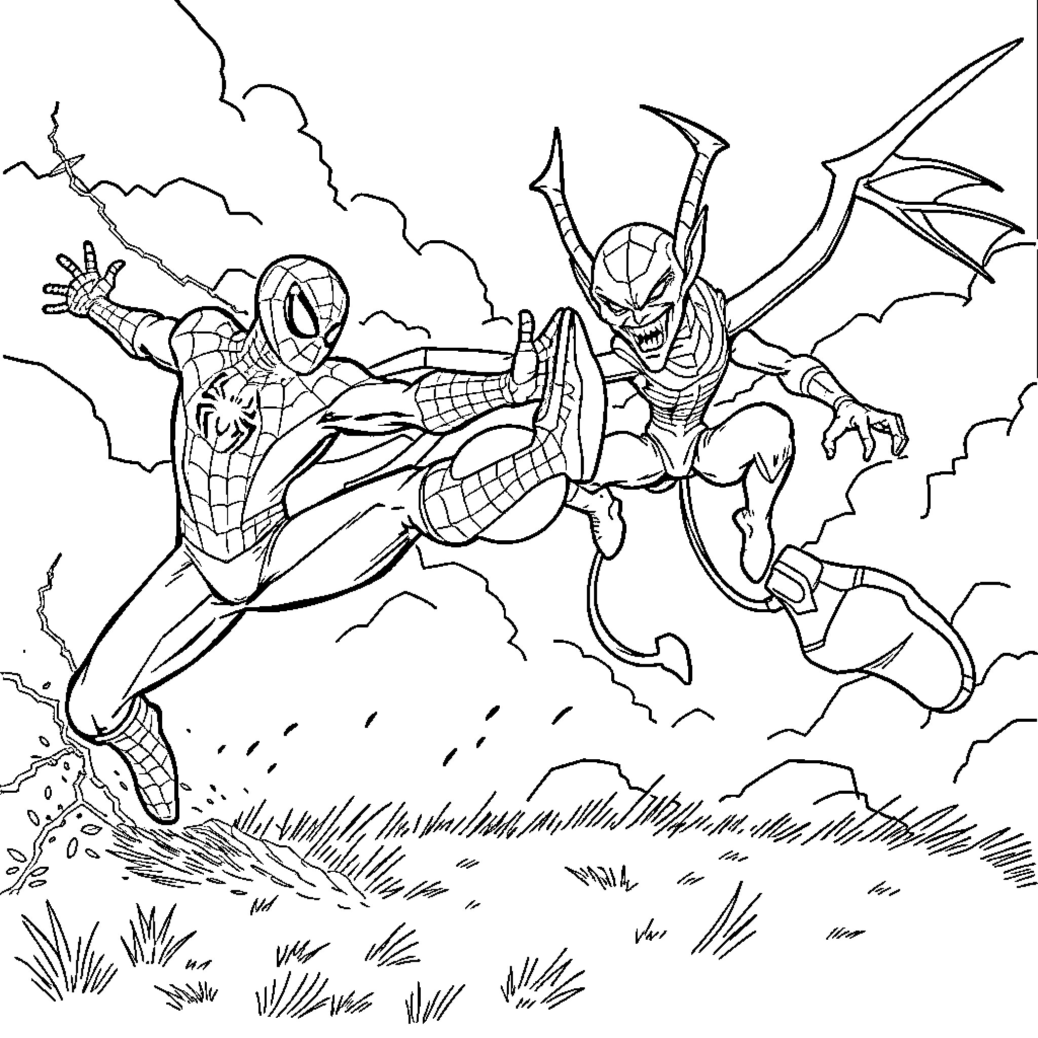 Spiderman battling a fierce villain in an epic showdown Coloring Page (free black-and-white line drawing printable PDF for all, from beginners to advanced learners, including children, teens, adults, and seniors)