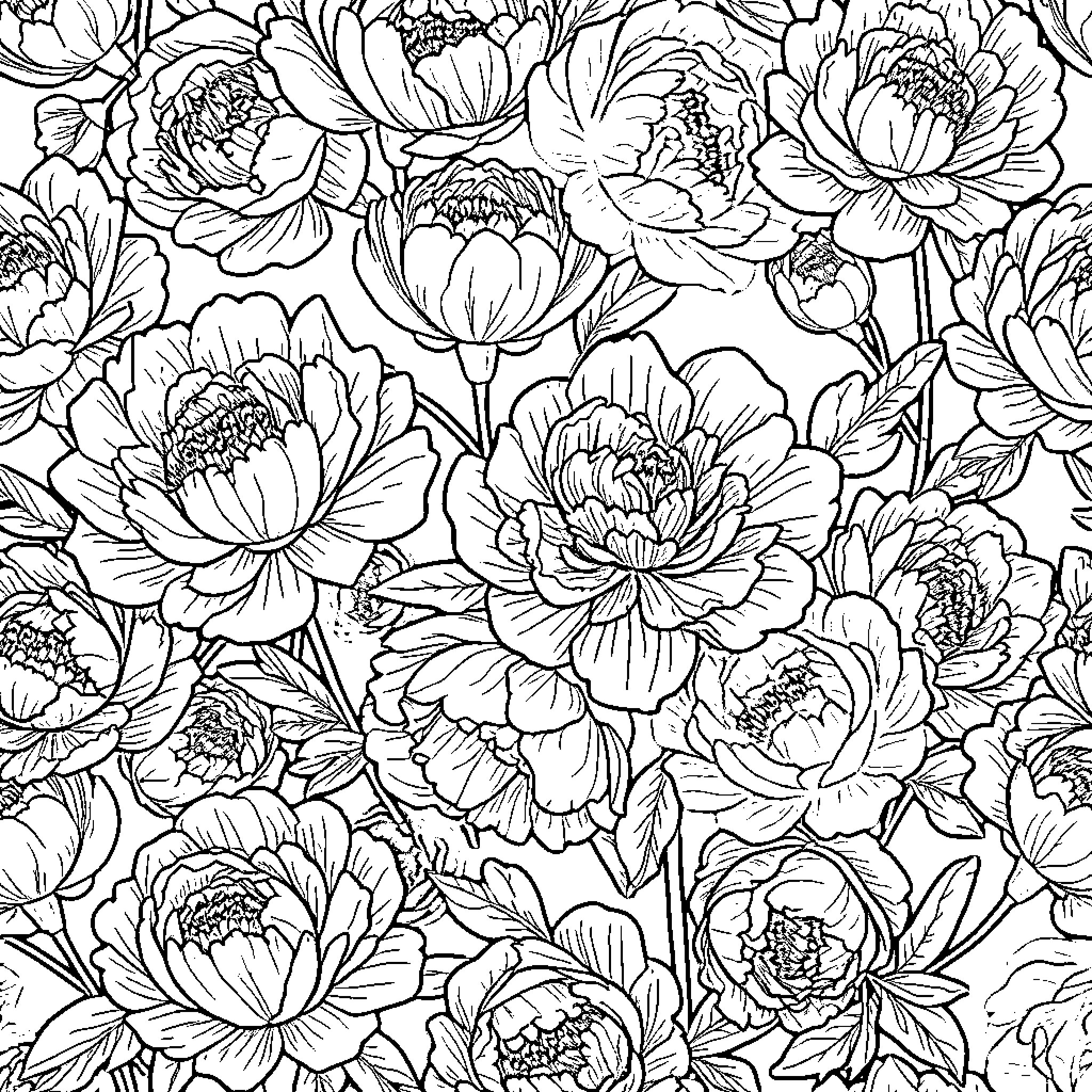 Peony floral pattern with intricate designs Coloring Page (free black-and-white line drawing printable PDF for all, from beginners to advanced learners, including children, teens, adults, and seniors)