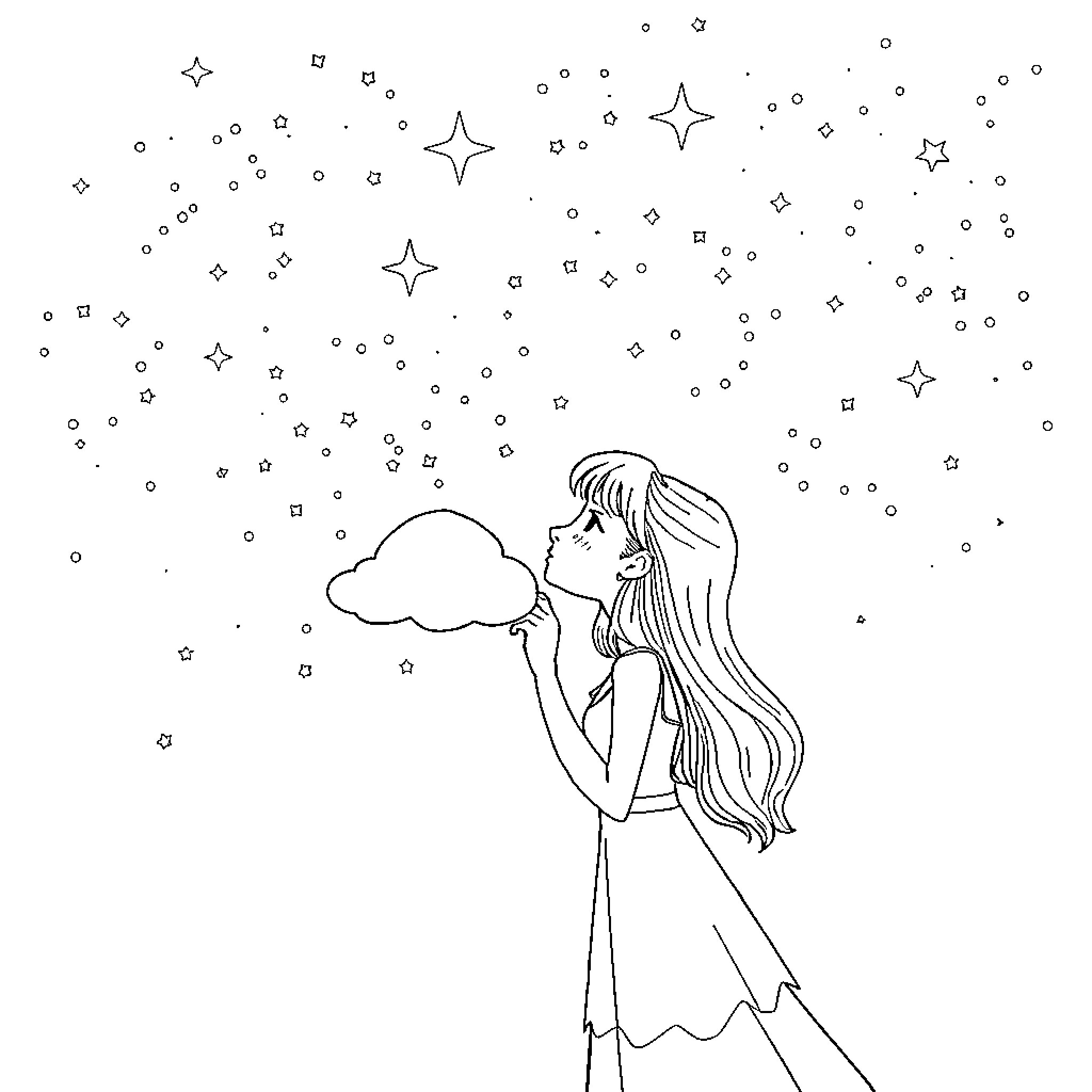 Tifa gazing at the starry night sky Coloring Page (free black-and-white line drawing printable PDF for all, from beginners to advanced learners, including children, teens, adults, and seniors)