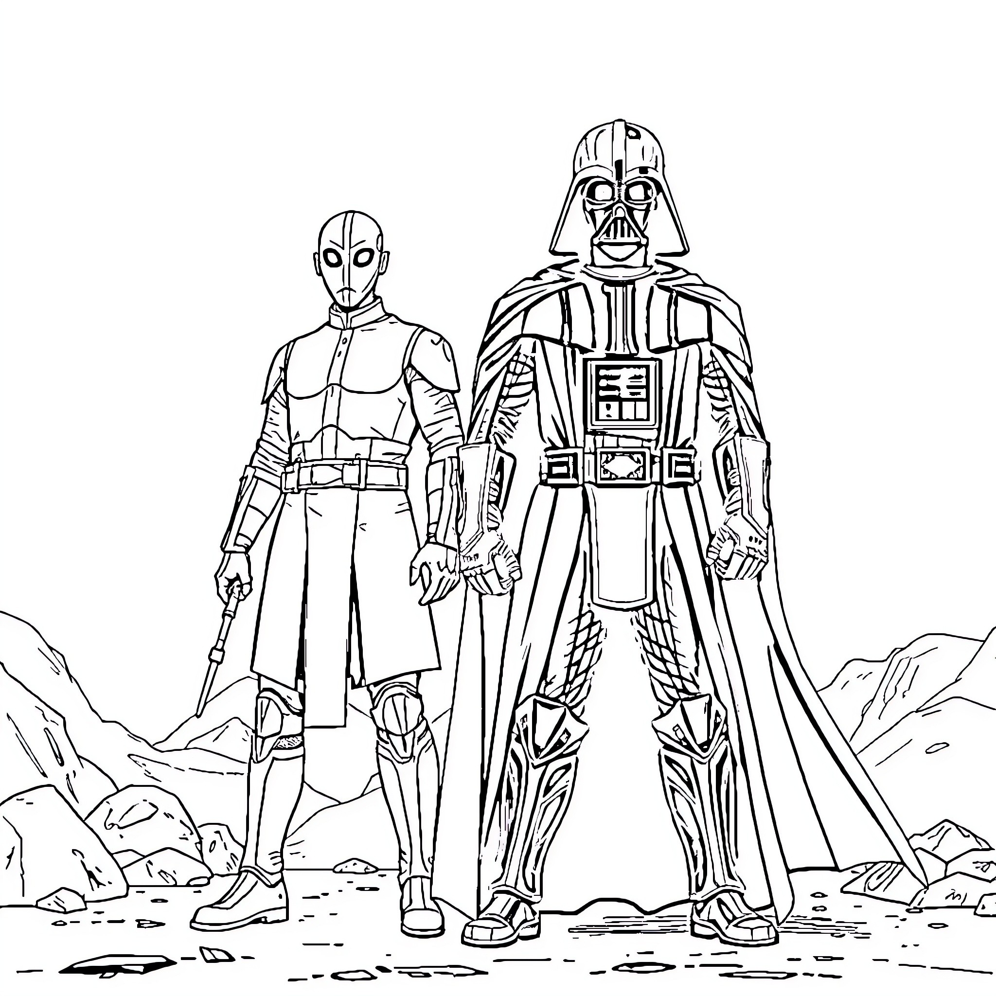 Starkiller duo in battle-ready poses Coloring Page (free black-and-white line drawing printable PDF for all, from beginners to advanced learners, including children, teens, adults, and seniors)