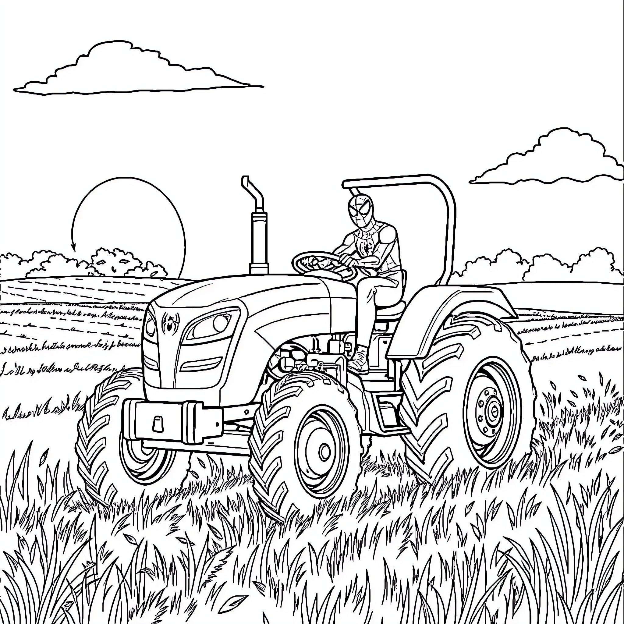 Spiderman operating a tractor in the countryside Coloring Page (free black-and-white line drawing printable PDF for all, from beginners to advanced learners, including children, teens, adults, and seniors)