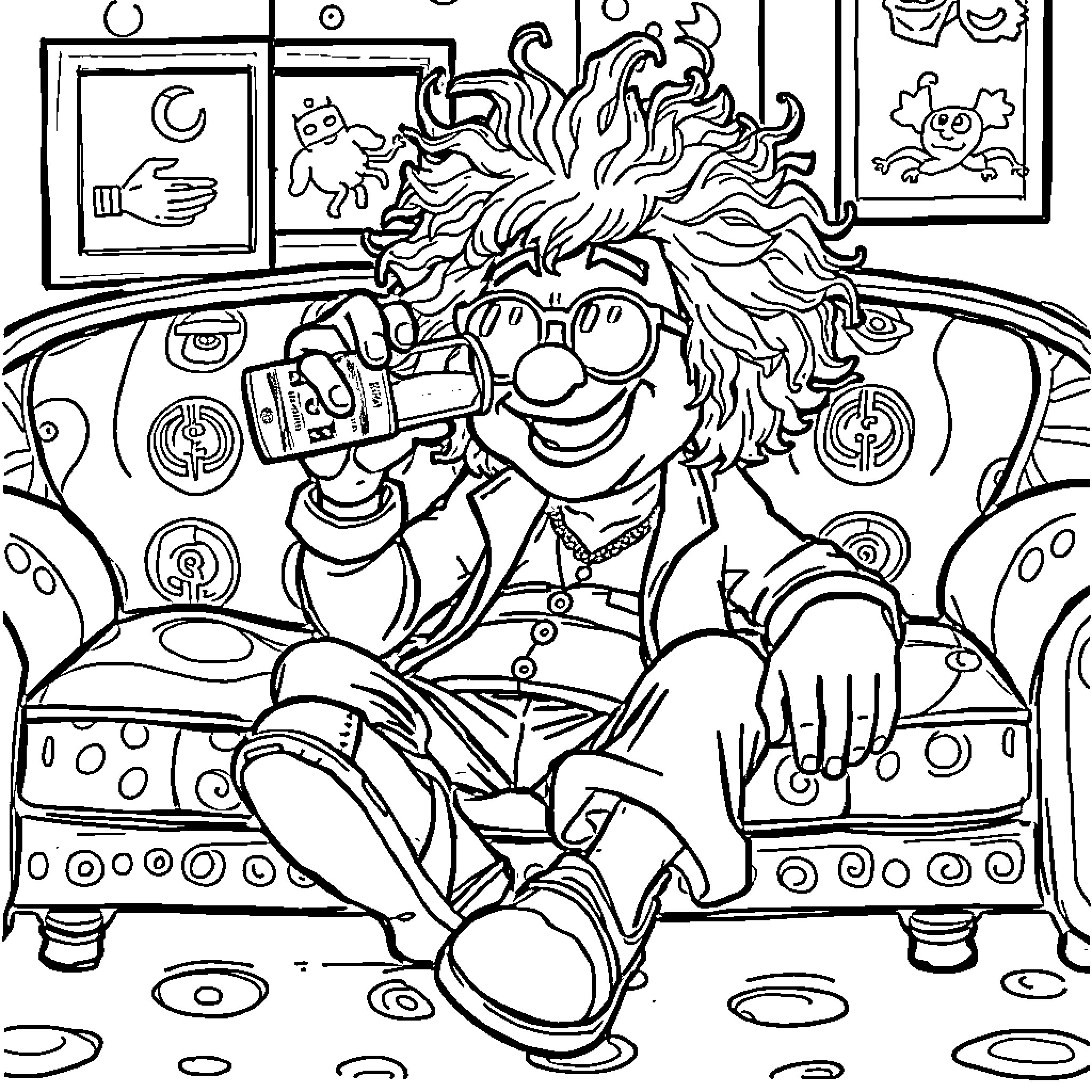 Old Gregg's Outrageous Living Room Adventures Coloring Page (free black-and-white line drawing printable PDF for all, from beginners to advanced learners, including children, teens, adults, and seniors)