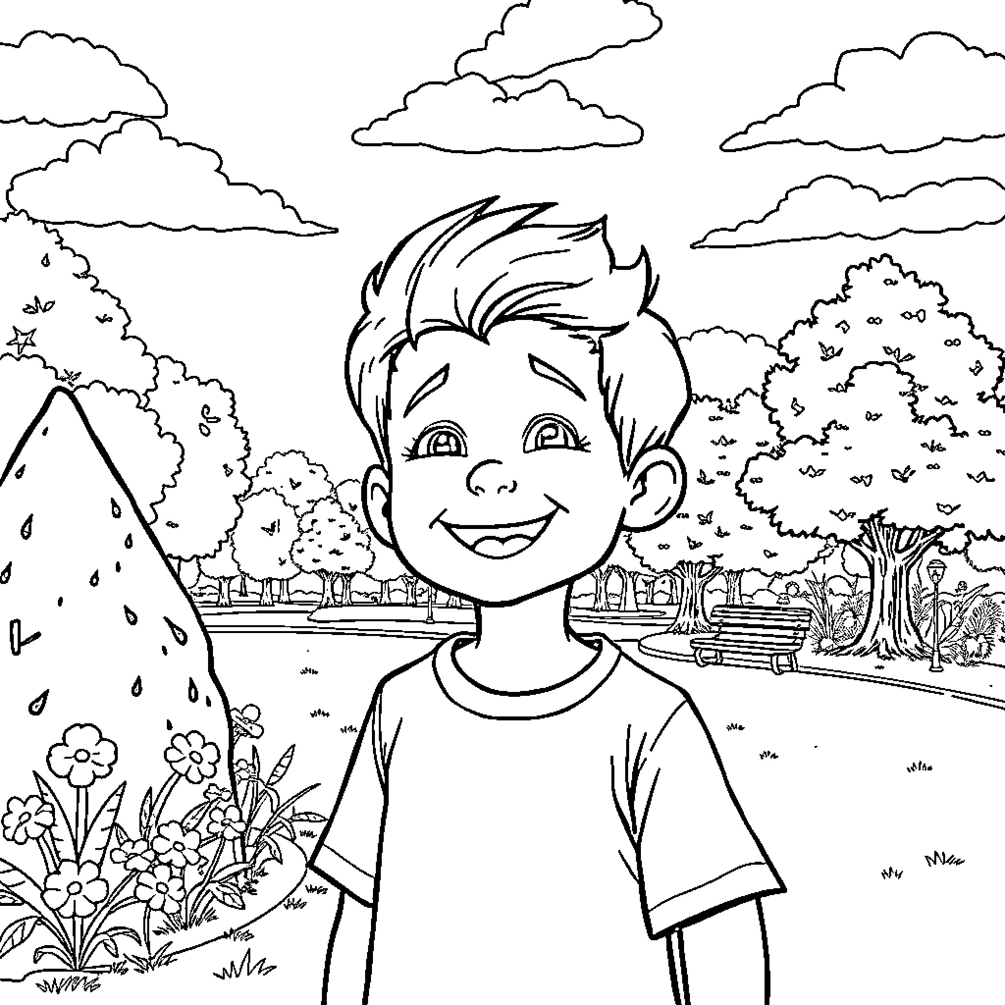 Lucas enjoying the outdoors in a nature scene Coloring Page (free black-and-white line drawing printable PDF for all, from beginners to advanced learners, including children, teens, adults, and seniors)