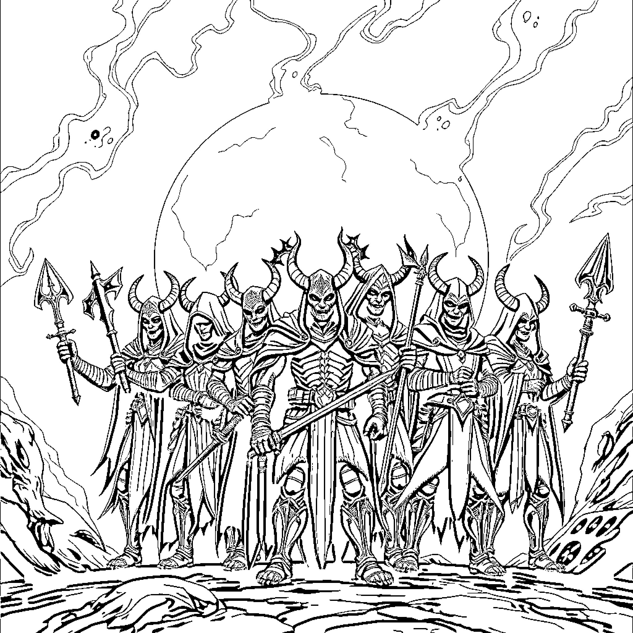 Demon Hunters in Ominous Gathering Coloring Page (free black-and-white line drawing printable PDF for all, from beginners to advanced learners, including children, teens, adults, and seniors)