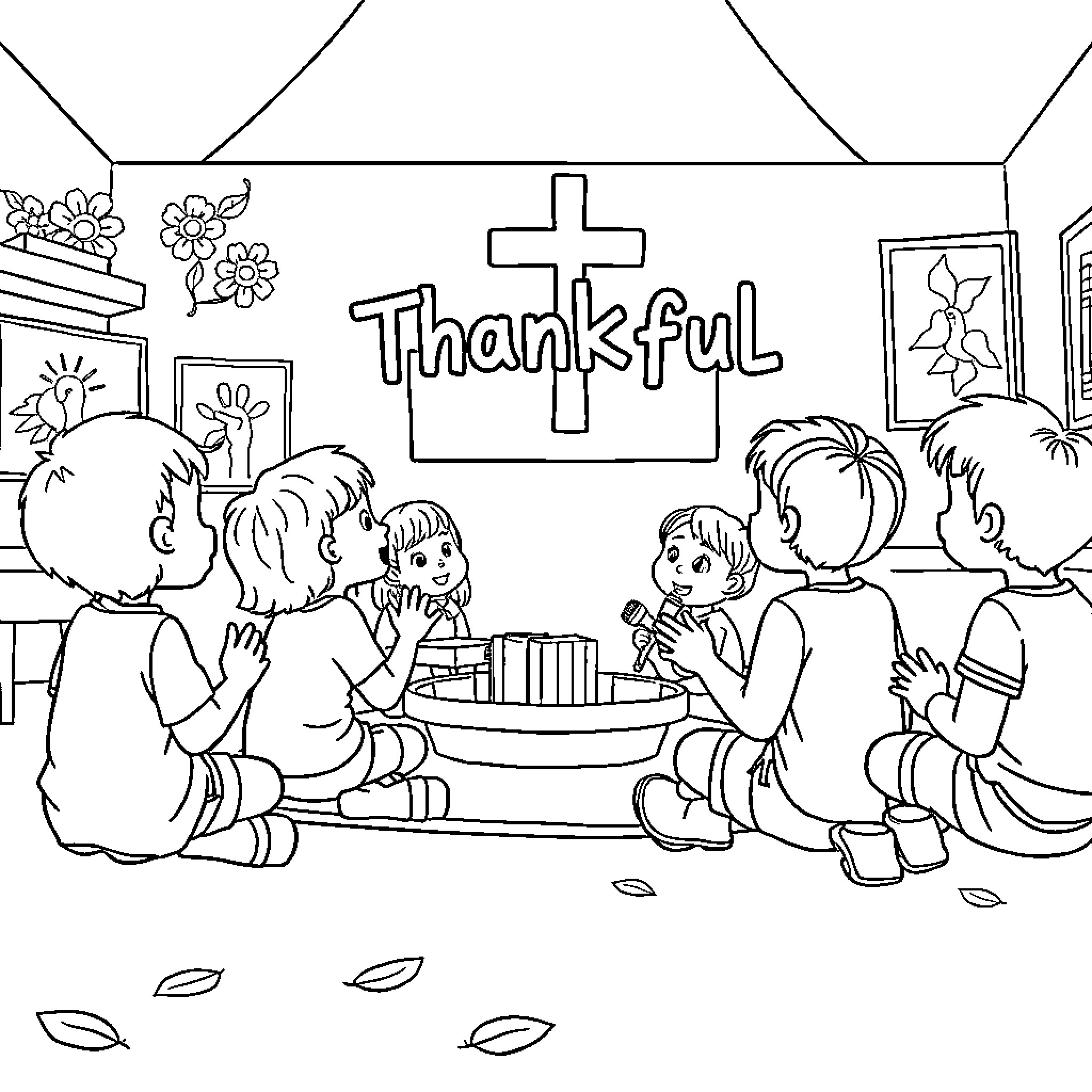 Thankful children gathered in prayer at church Coloring Page (free black-and-white line drawing printable PDF for all, from beginners to advanced learners, including children, teens, adults, and seniors)