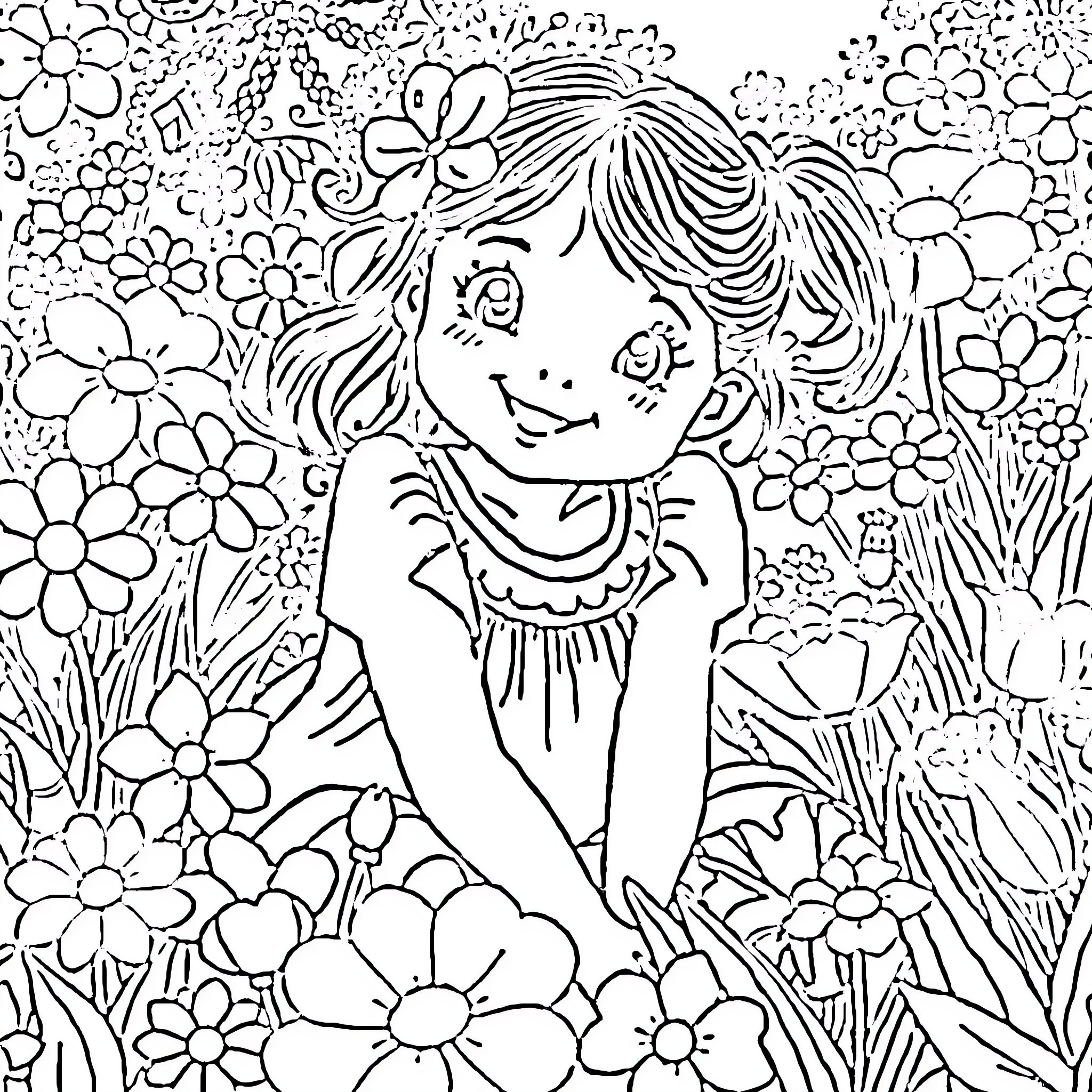 Girl smiling amidst vibrant floral garden Coloring Page (free black-and-white line drawing printable PDF for all, from beginners to advanced learners, including children, teens, adults, and seniors)