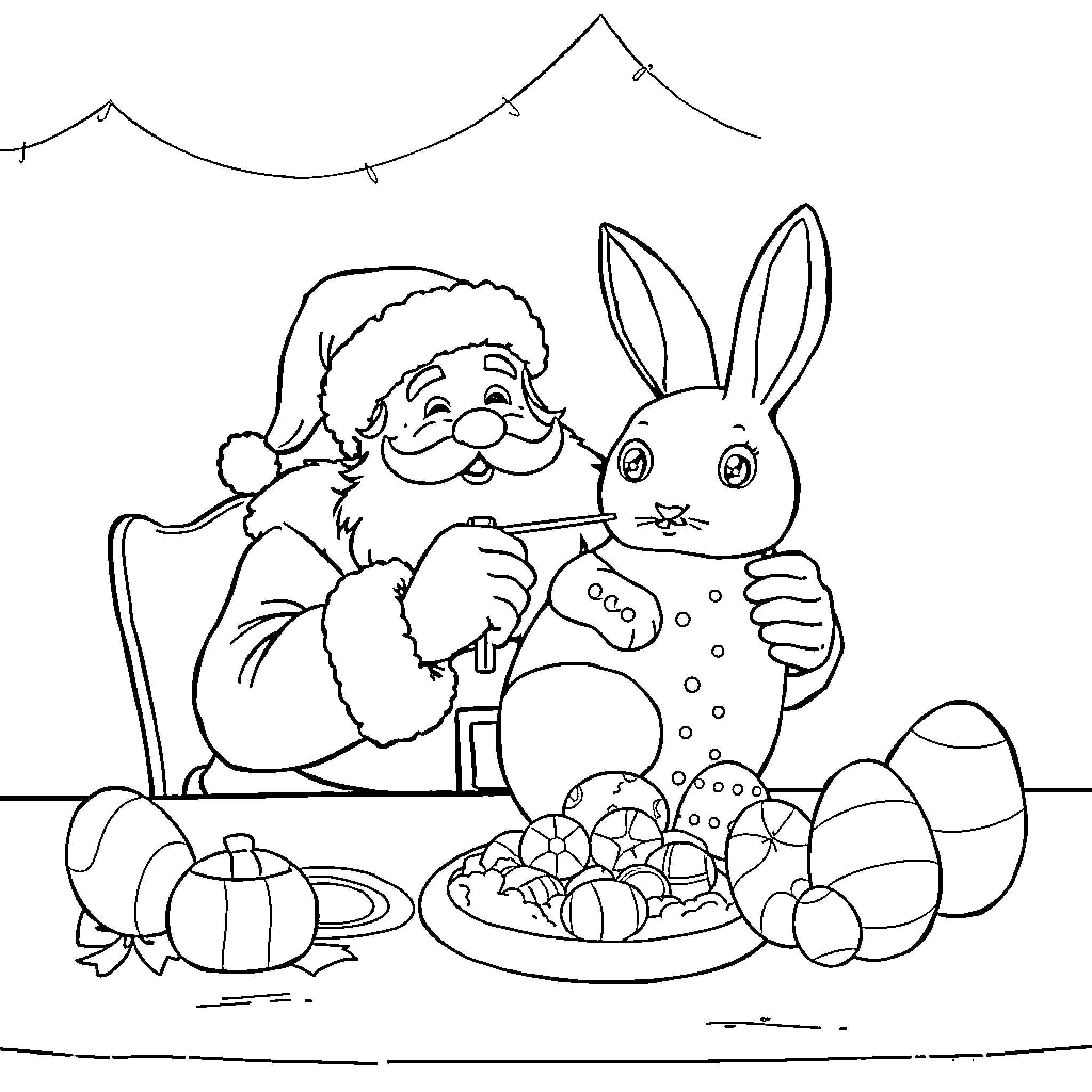 Santa enjoying Easter with bunny friend Coloring Page (free black-and-white line drawing printable PDF for all, from beginners to advanced learners, including children, teens, adults, and seniors)