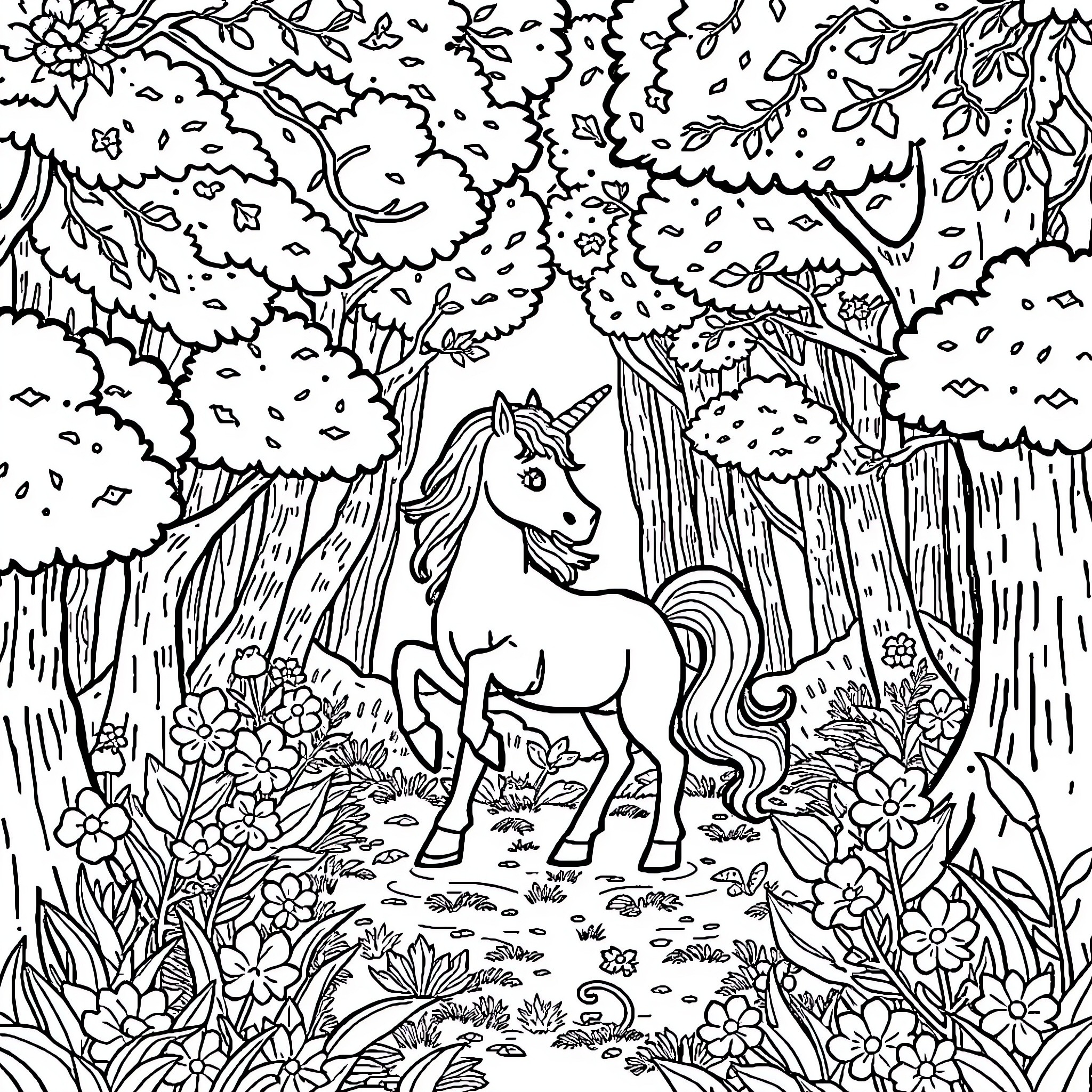 Unicorn in a magical forest Coloring Page (free black-and-white line drawing printable PDF for all, from beginners to advanced learners, including children, teens, adults, and seniors)