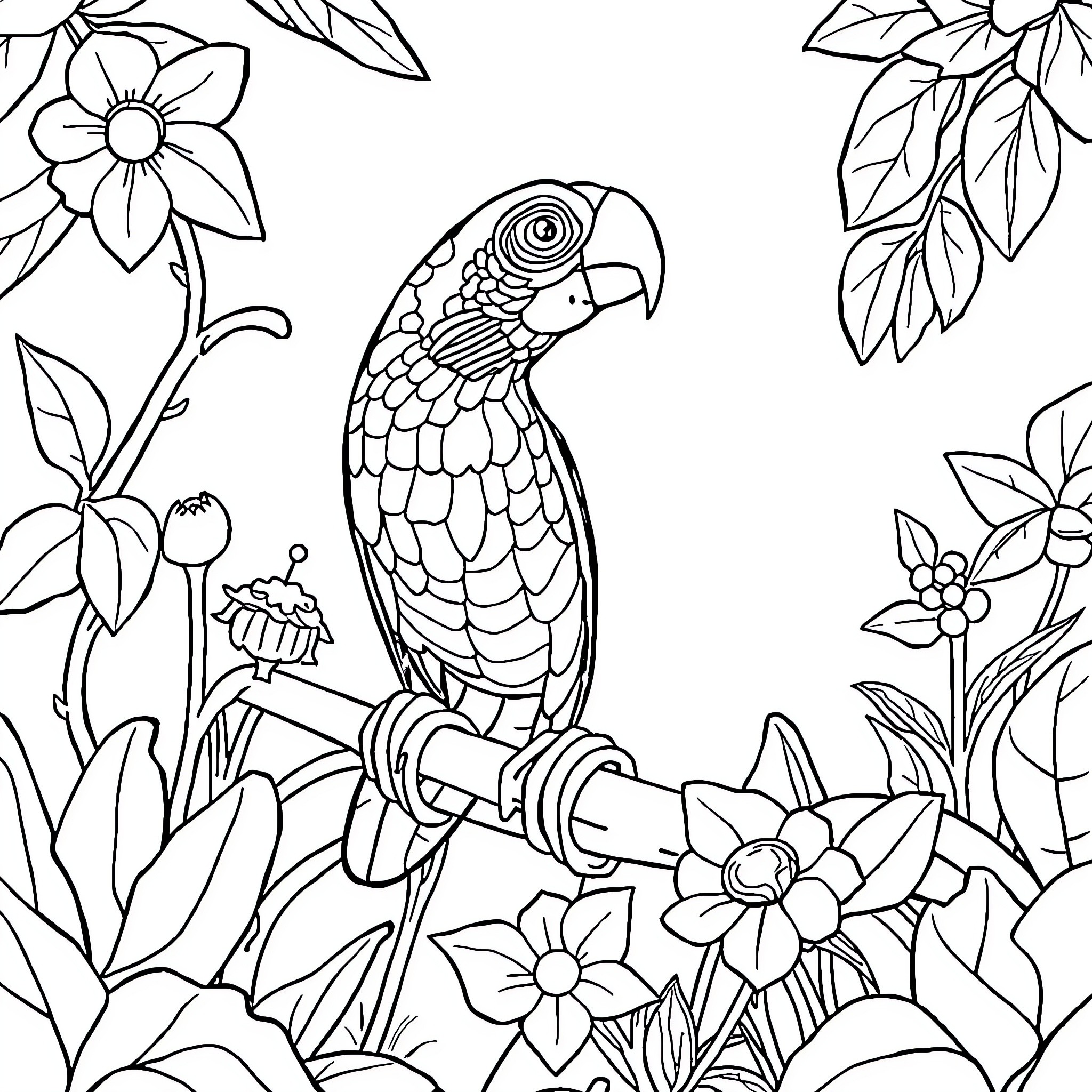 Living Thing Perching Amongst Vibrant Foliage Coloring Page (free black-and-white line drawing printable PDF for all, from beginners to advanced learners, including children, teens, adults, and seniors)