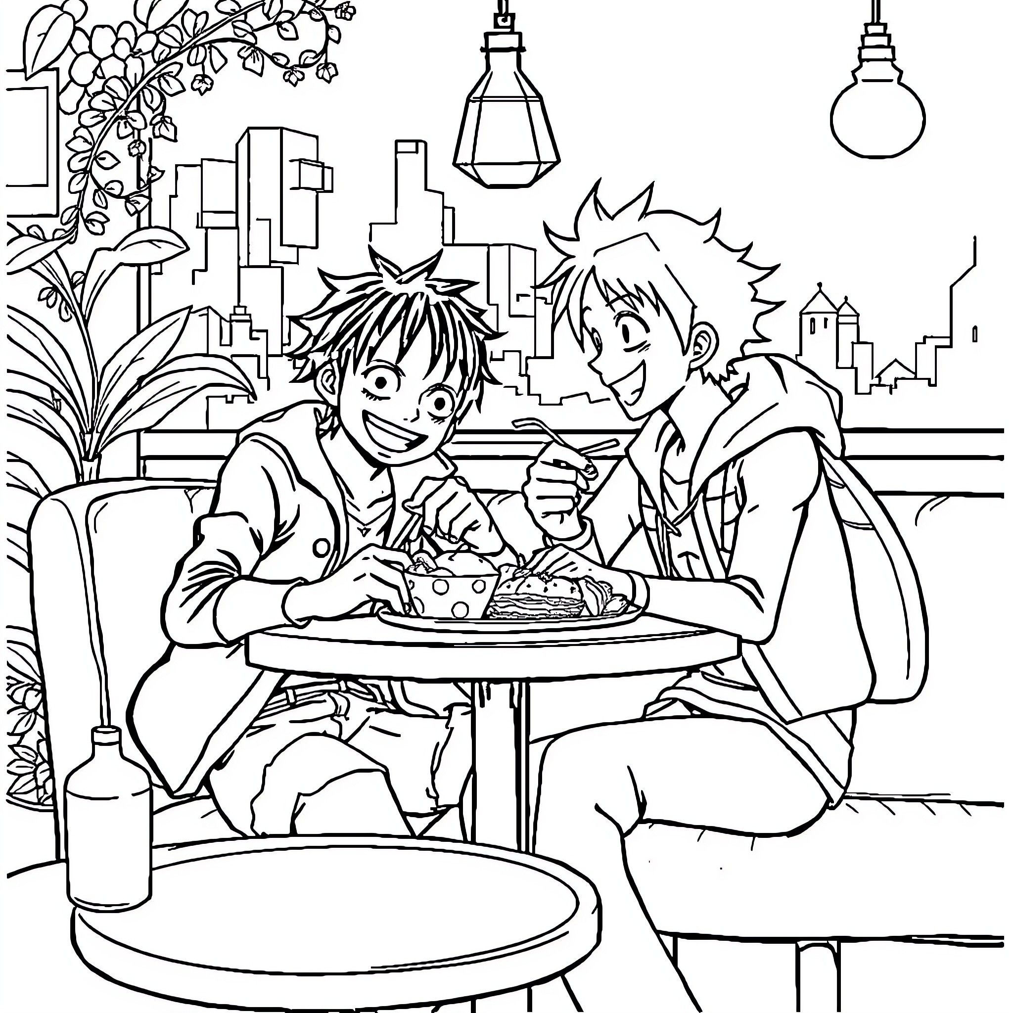 Luffy and Ace Enjoying a Meal Together Coloring Page (free black-and-white line drawing printable PDF for all, from beginners to advanced learners, including children, teens, adults, and seniors)