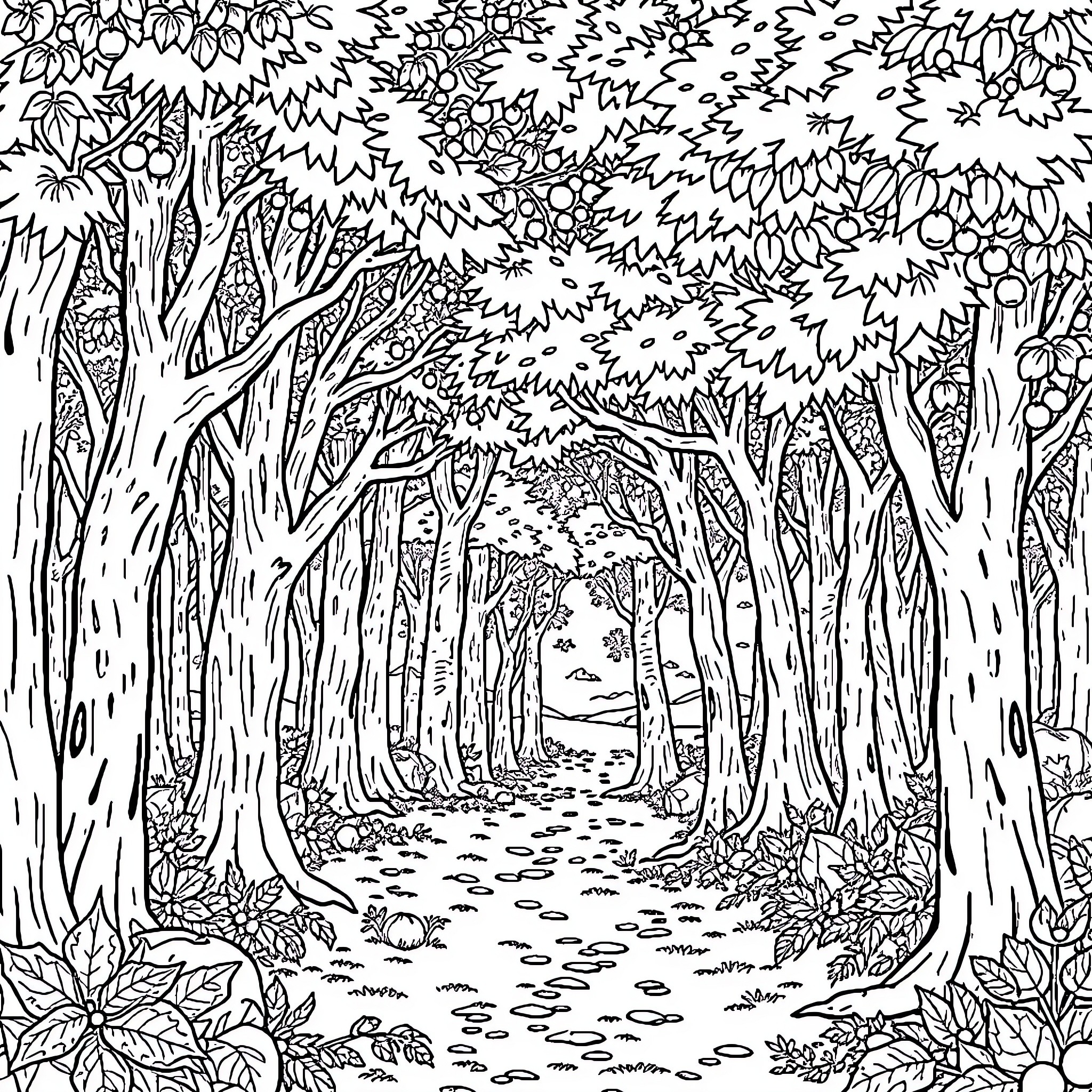 Forest Path Through Lush Undergrowth Coloring Page (free black-and-white line drawing printable PDF for all, from beginners to advanced learners, including children, teens, adults, and seniors)