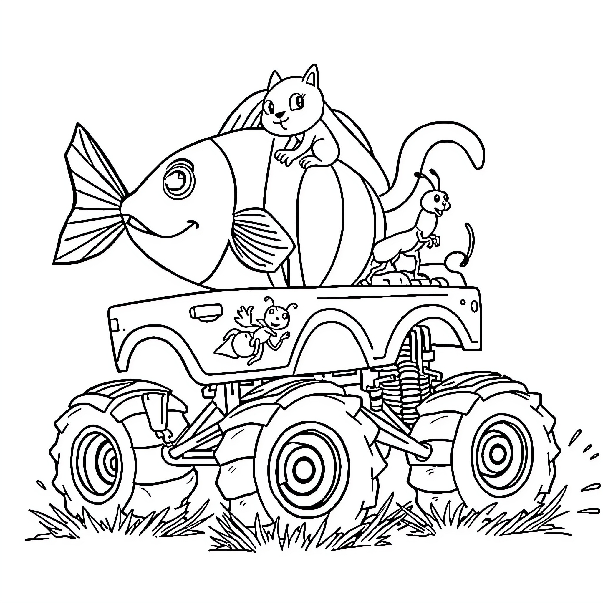 Fish-themed characters on a playful off-road vehicle Coloring Page (free black-and-white line drawing printable PDF for all, from beginners to advanced learners, including children, teens, adults, and seniors)