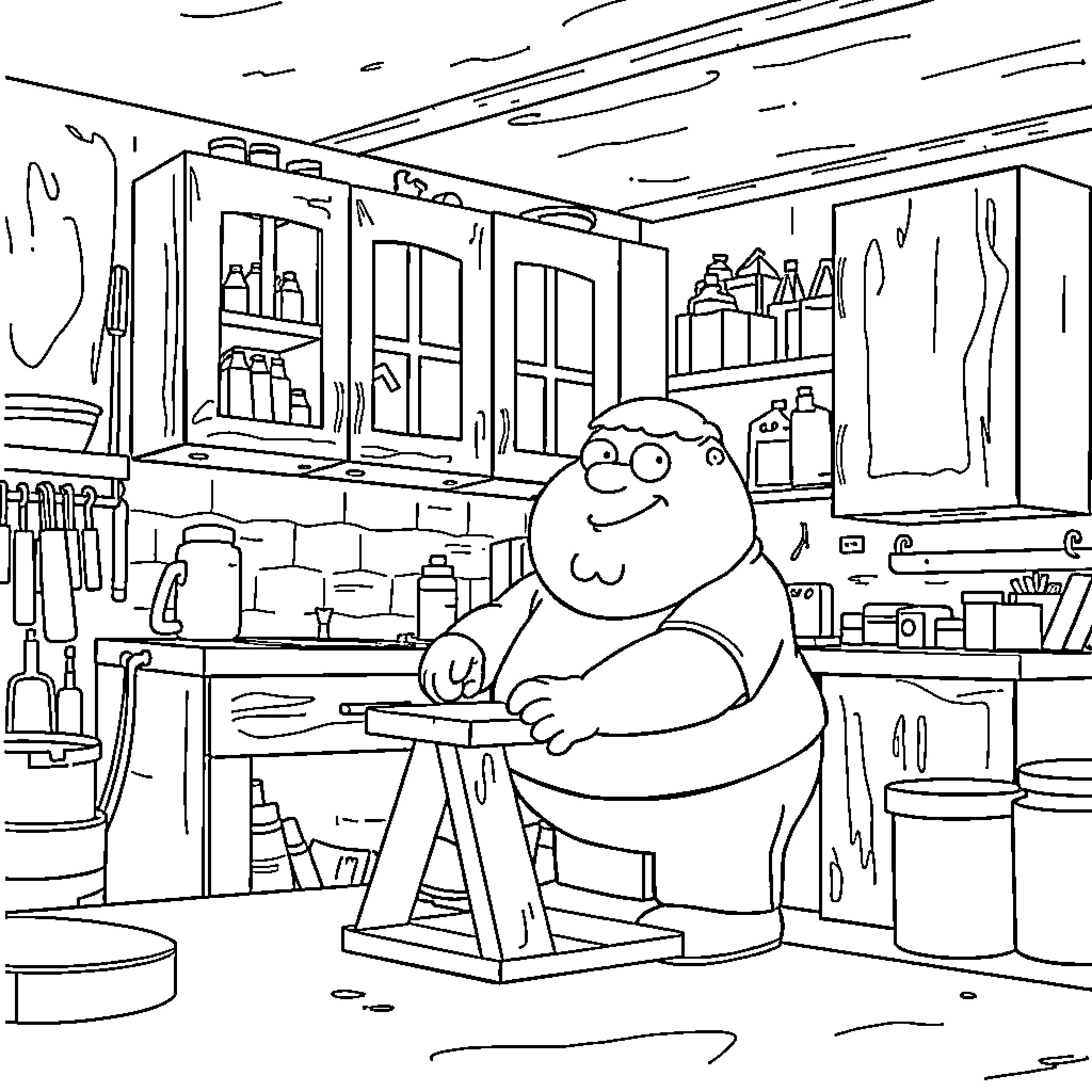 Peter Griffin in a messy kitchen setting Coloring Page (free black-and-white line drawing printable PDF for all, from beginners to advanced learners, including children, teens, adults, and seniors)