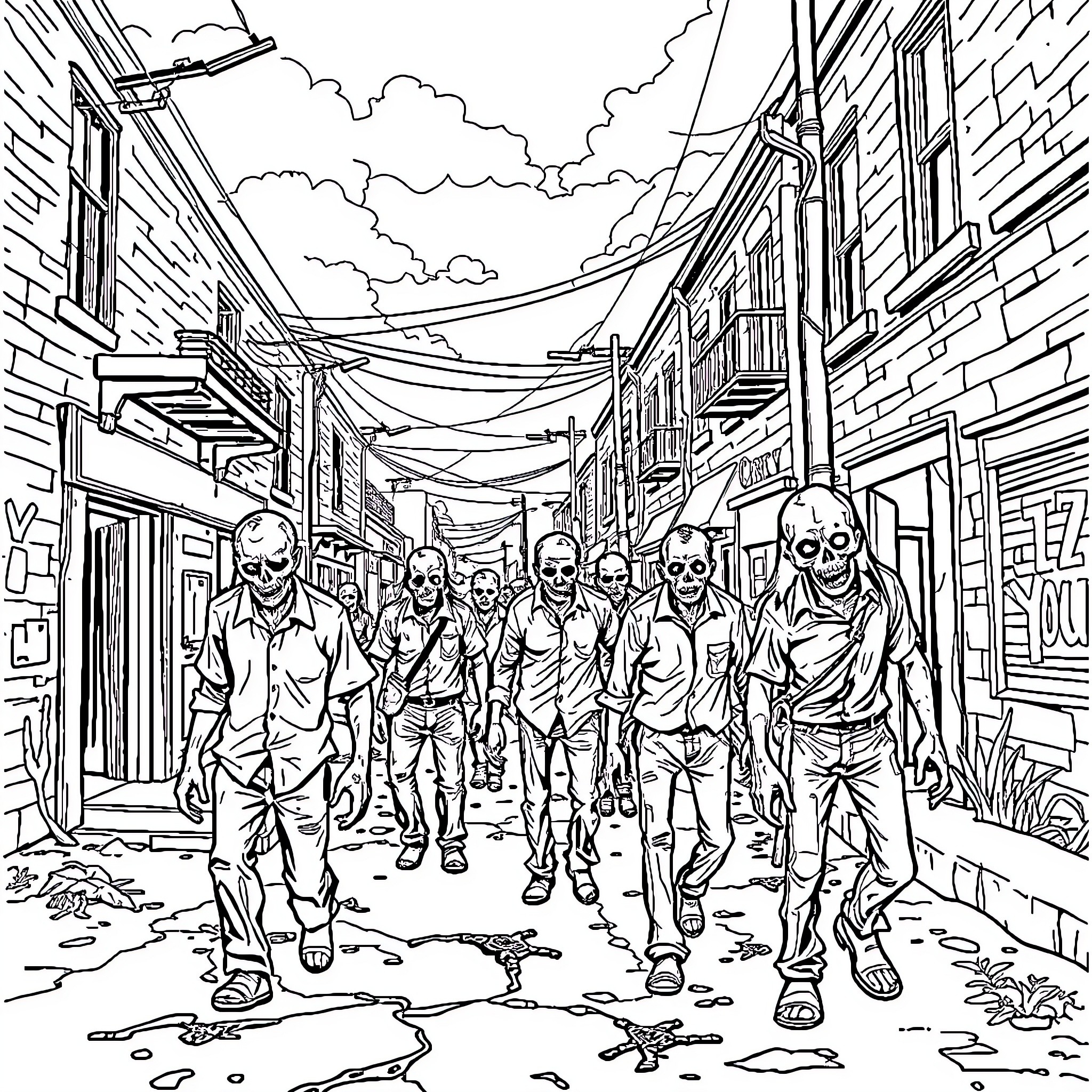 Zombie horde marching through the abandoned city streets Coloring Page (free black-and-white line drawing printable PDF for all, from beginners to advanced learners, including children, teens, adults, and seniors)