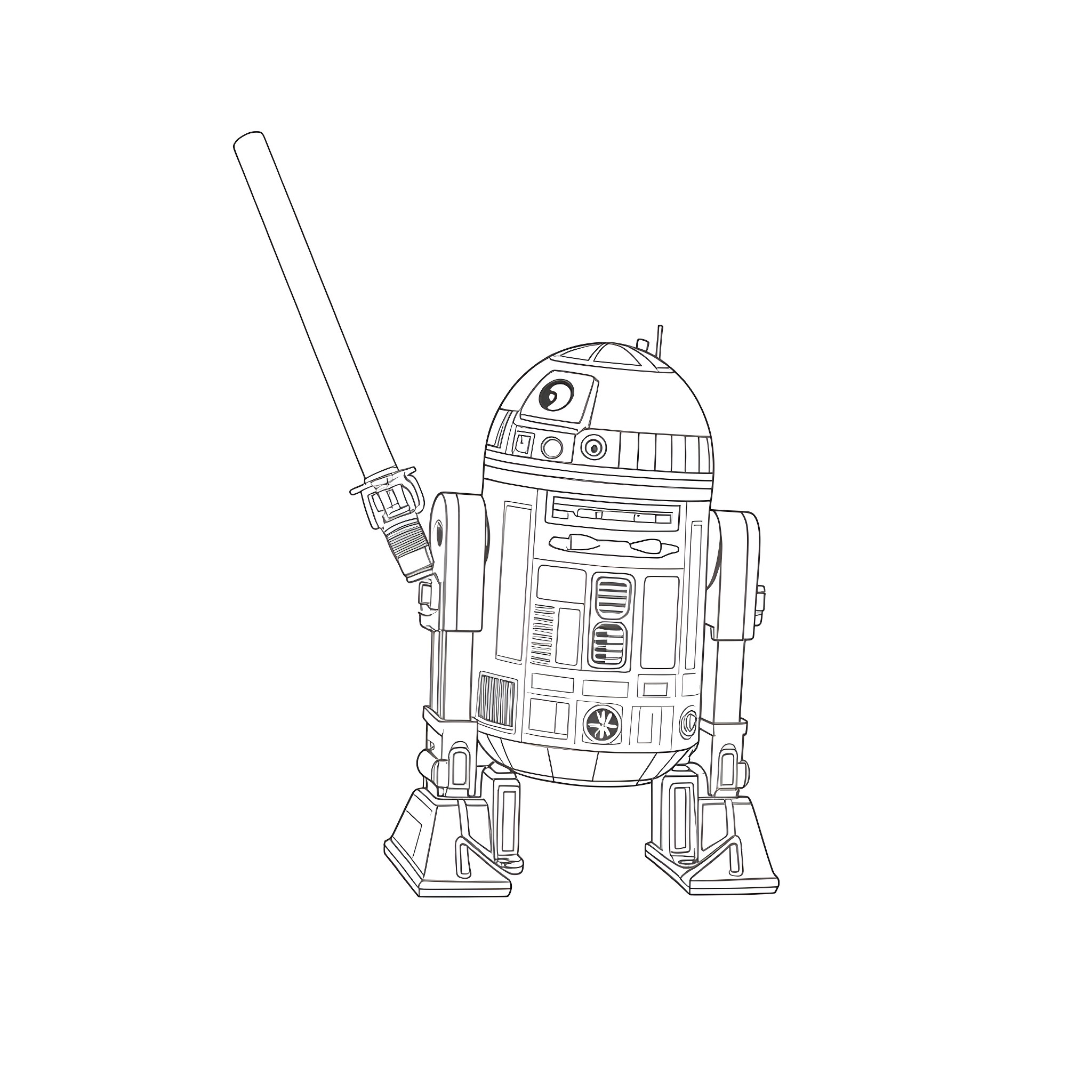 R2-D2 holding a lightsaber in Star Wars Coloring Page (free black-and-white line drawing printable PDF for all, from beginners to advanced learners, including children, teens, adults, and seniors)