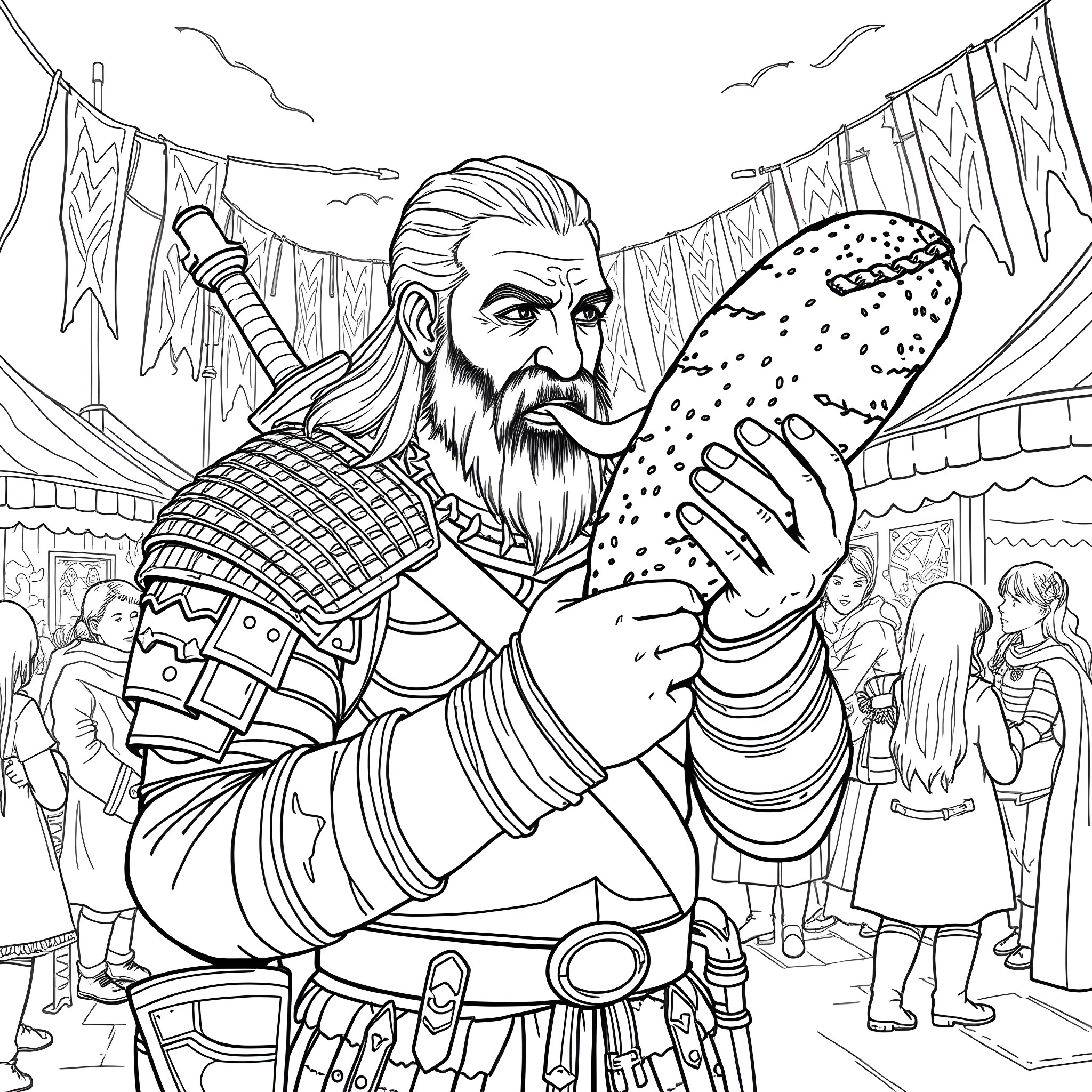 Geralt's Festive Feast in the Marketplace Coloring Page (free black-and-white line drawing printable PDF for all, from beginners to advanced learners, including children, teens, adults, and seniors)