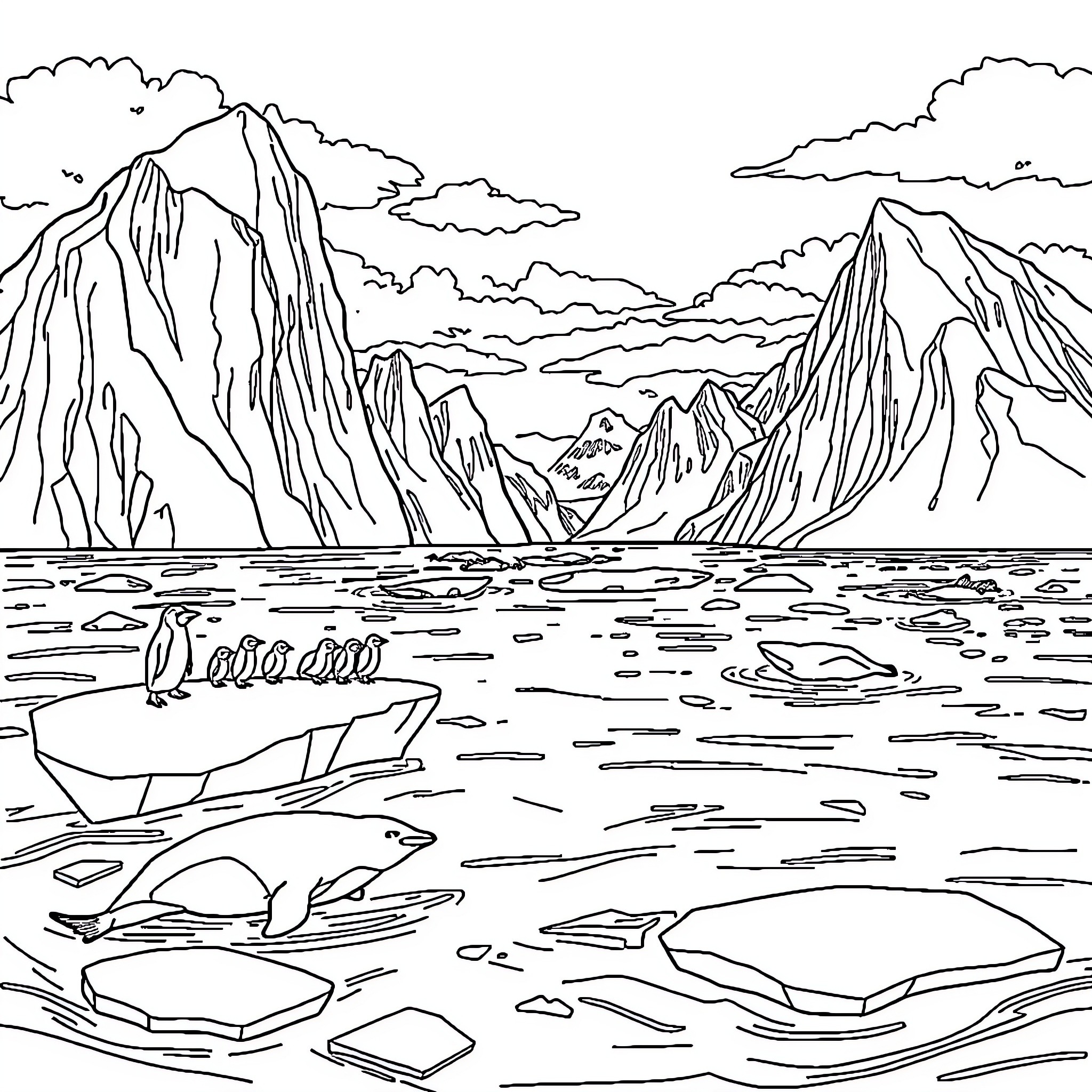 Polar Animals Enjoying the Scenic Landscape Coloring Page (free black-and-white line drawing printable PDF for all, from beginners to advanced learners, including children, teens, adults, and seniors)