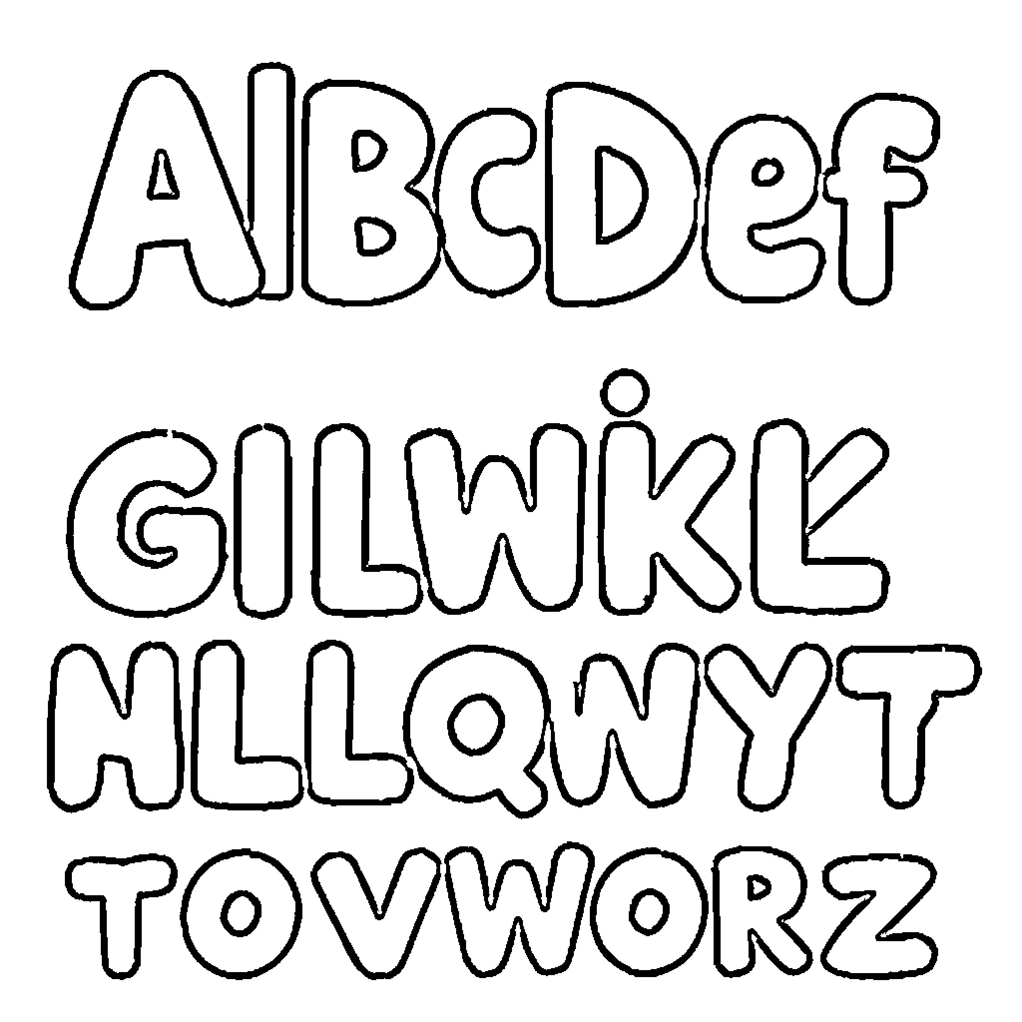 Alphabet letters with a playful and doodle-like style Coloring Page (free black-and-white line drawing printable PDF for all, from beginners to advanced learners, including children, teens, adults, and seniors)