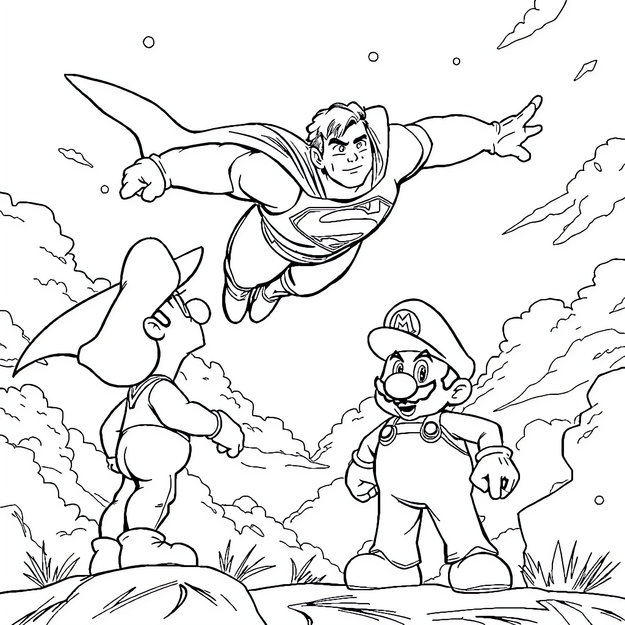 Superman battling alongside video game characters in an epic scene Coloring Page (free black-and-white line drawing printable PDF for all, from beginners to advanced learners, including children, teens, adults, and seniors)