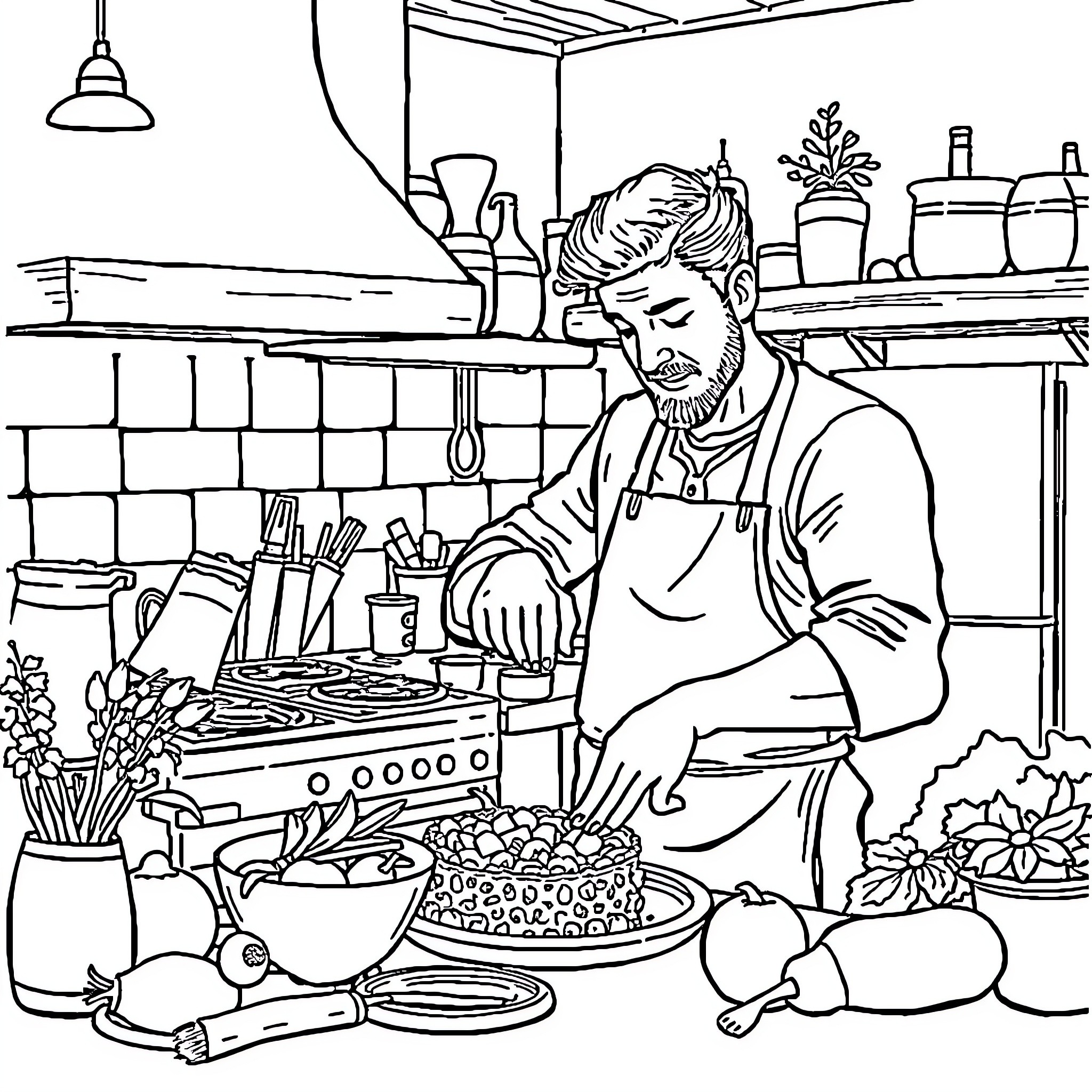 Antoine Dupont Preparing a Delectable Meal in the Kitchen Coloring Page (free black-and-white line drawing printable PDF for all, from beginners to advanced learners, including children, teens, adults, and seniors)