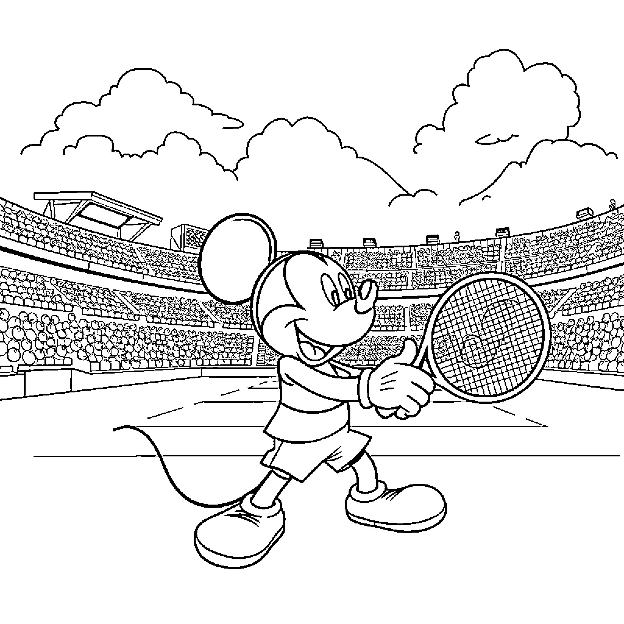 Mickey Mouse Playing Tennis in Stadium Coloring Page (free black-and-white line drawing printable PDF for all, from beginners to advanced learners, including children, teens, adults, and seniors)