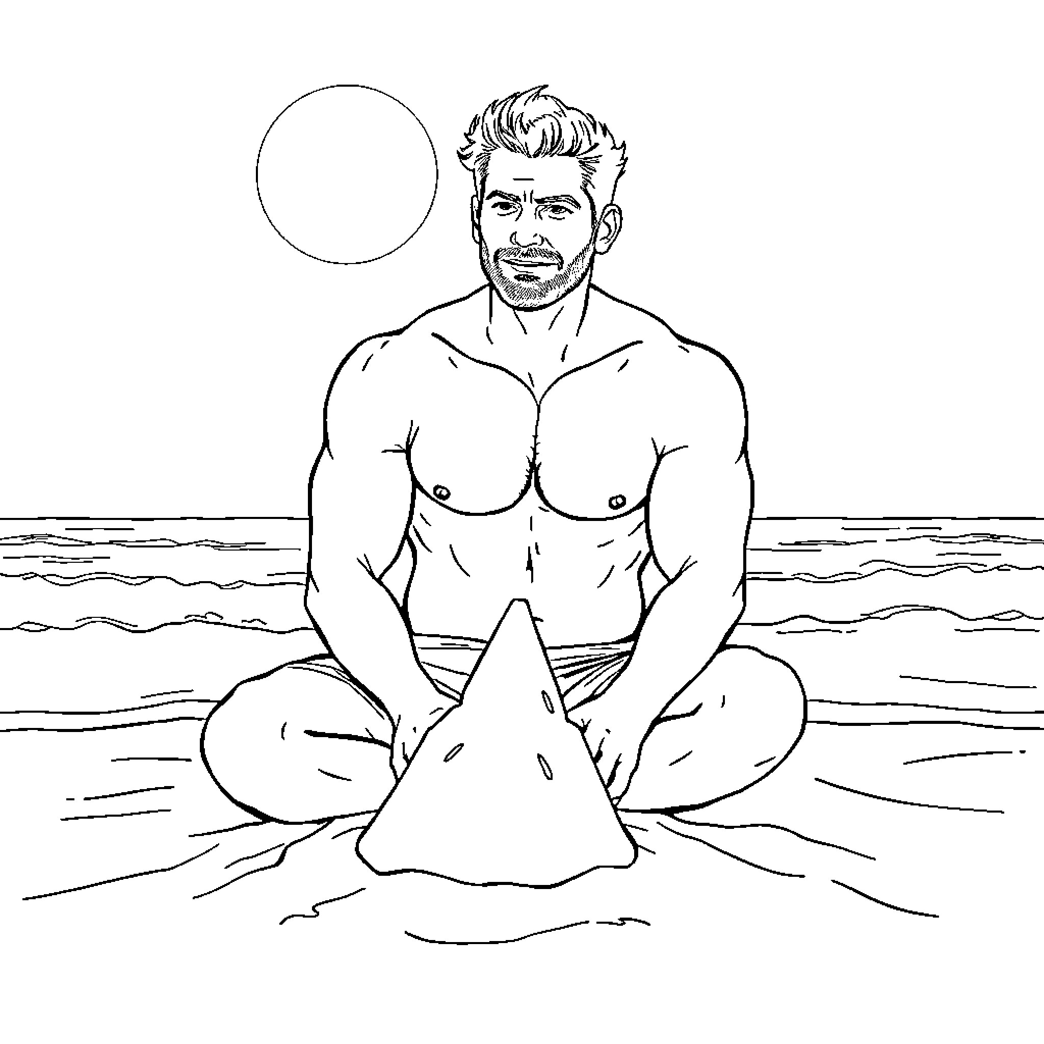 Henry Cavill relaxing on the beach Coloring Page (free black-and-white line drawing printable PDF for all, from beginners to advanced learners, including children, teens, adults, and seniors)