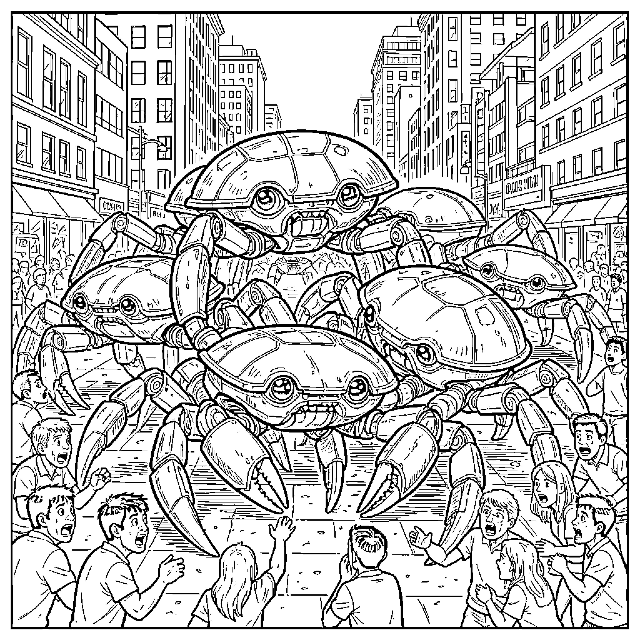 Robot Crabs Invading the City Coloring Page (free black-and-white line drawing printable PDF for all, from beginners to advanced learners, including children, teens, adults, and seniors)